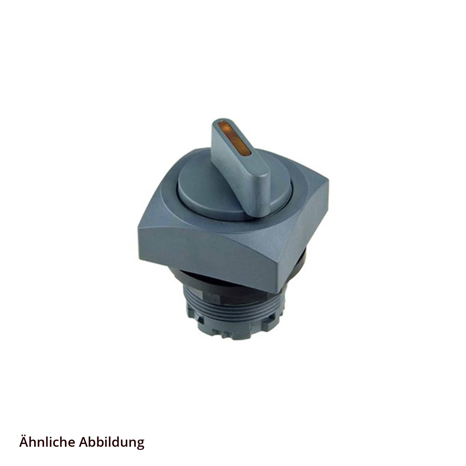 Dreiwege-Auswahlschalter mit grauem rechteckigem Sockel und schwarzem kreisförmigem Halter, ausgestattet mit einem orangefarbenen Hebel.