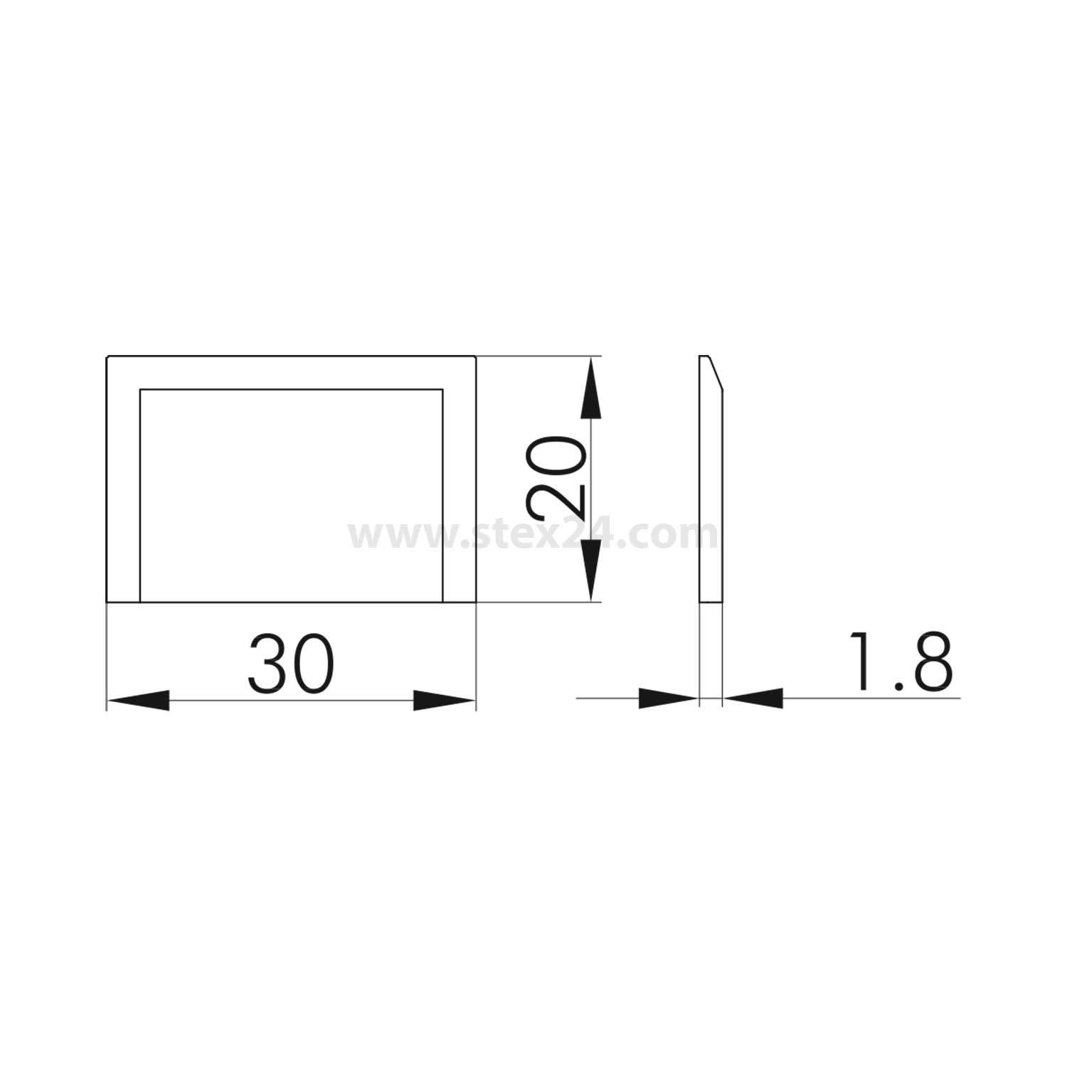 Technische Zeichnung zeigt ein rechteckiges Objekt mit Abmessungen: 30 Einheiten breit, 20 Einheiten hoch und 1,8 Einheiten tief.