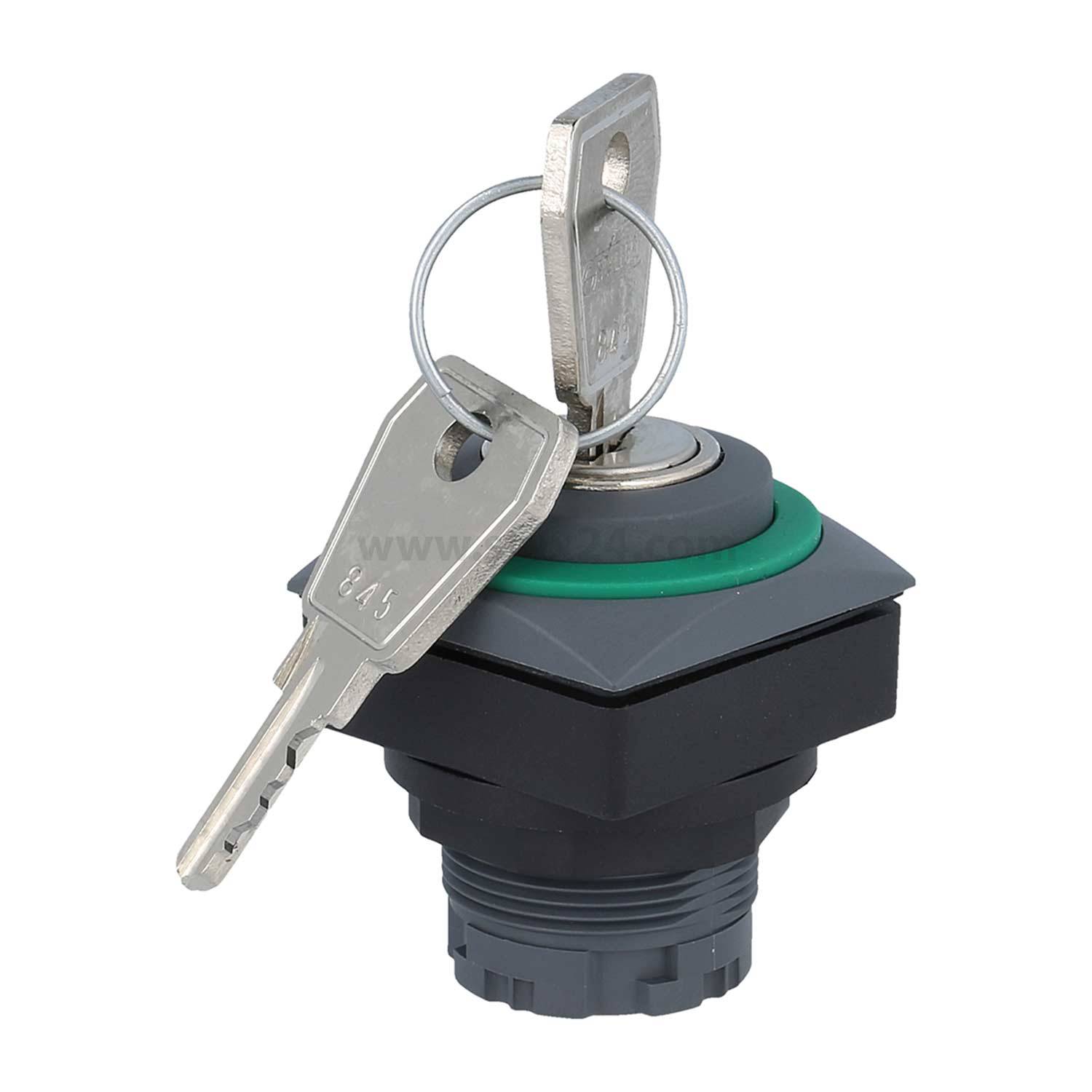 Ein silberner Schlüssel, der in einen schwarzen und grauen Elektroschalter mit grüner Einfassung eingesteckt ist und auf die Einschaltposition gedreht wird, symbolisiert Aktivierung oder Sicherheit.