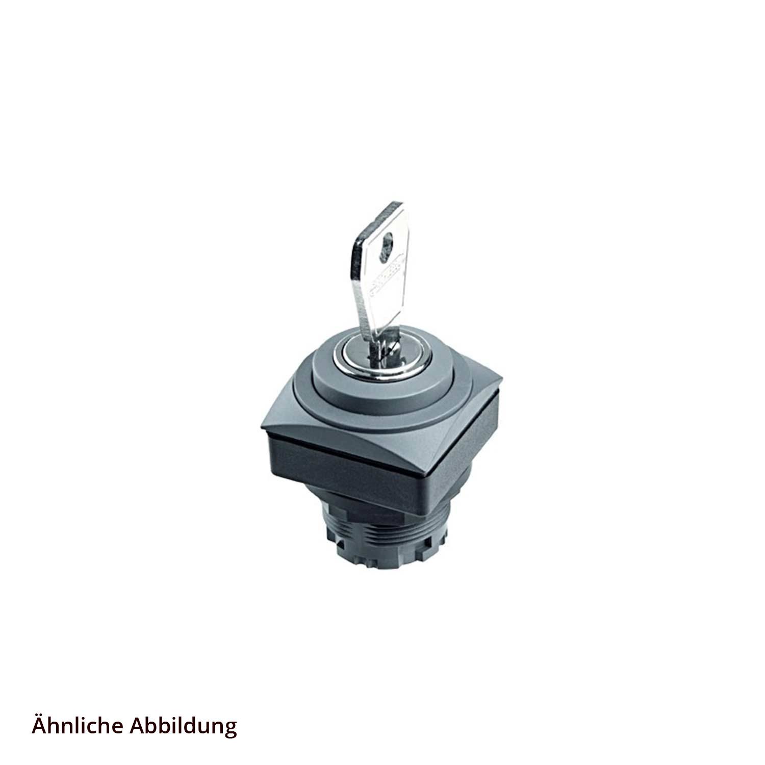 Ein Schlüssel wird in einen quadratischen, schwarzen Verschlussmechanismus eingeführt, der üblicherweise für Sicherheitsschalter oder Steuerungspanels verwendet wird.