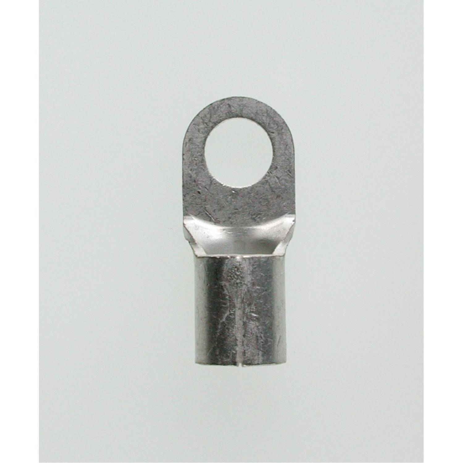 Ein metallischer Ringanschlussklemme, die eine zylindrische Basis mit einer flachen, kreisförmigen Oberseite mit einem großen Loch für Drahtverbindungen aufweist.