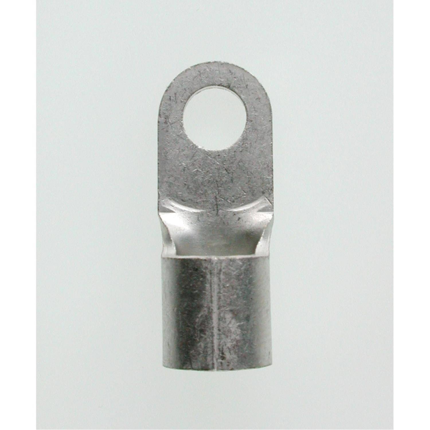 Ein metallischer Lug mit einer zylindrischen Basis und einem flachen, abgerundeten Ende mit einem zentralen Loch zum Befestigen von Kabeln oder Drähten.