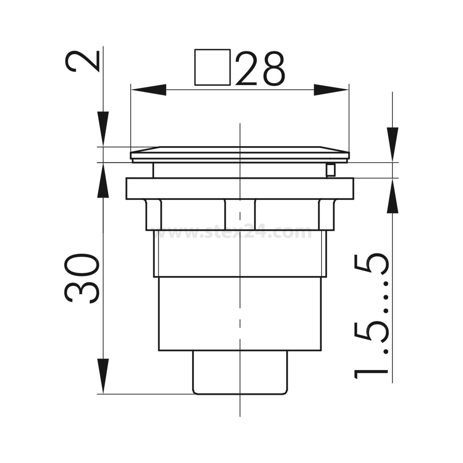 Technische Zeichnung eines Knopfes mit Abmessungen: Breite 28 mm, Höhe 30 mm und Tiefe 1,5-5 mm.