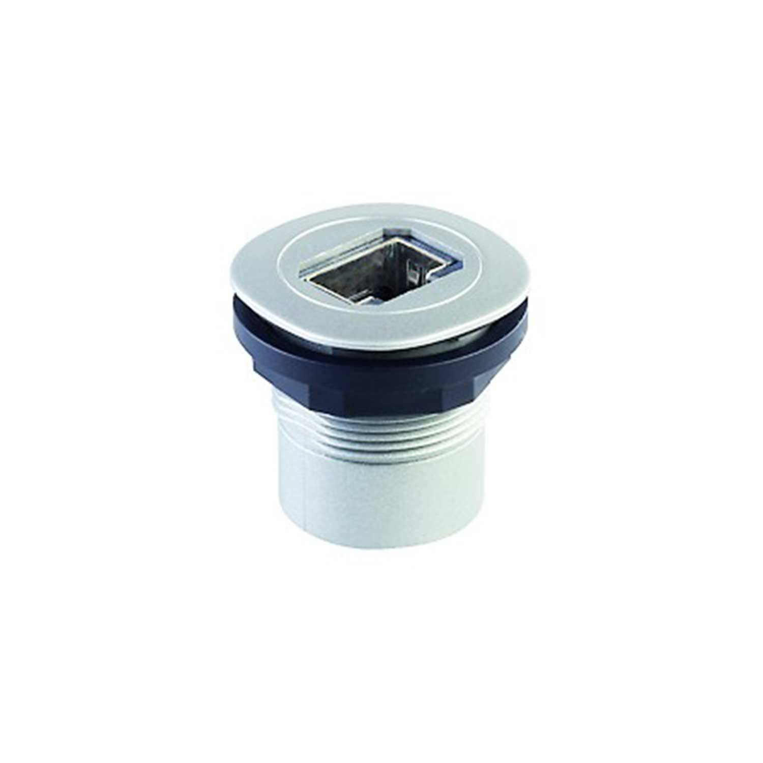 Eine Metallbuchse für USB mit einem zylindrischen Gehäuse, versehen mit einer Gewindebasis und einer quadratischen Öffnung an der Oberseite, konzipiert für die Paneelmontage.