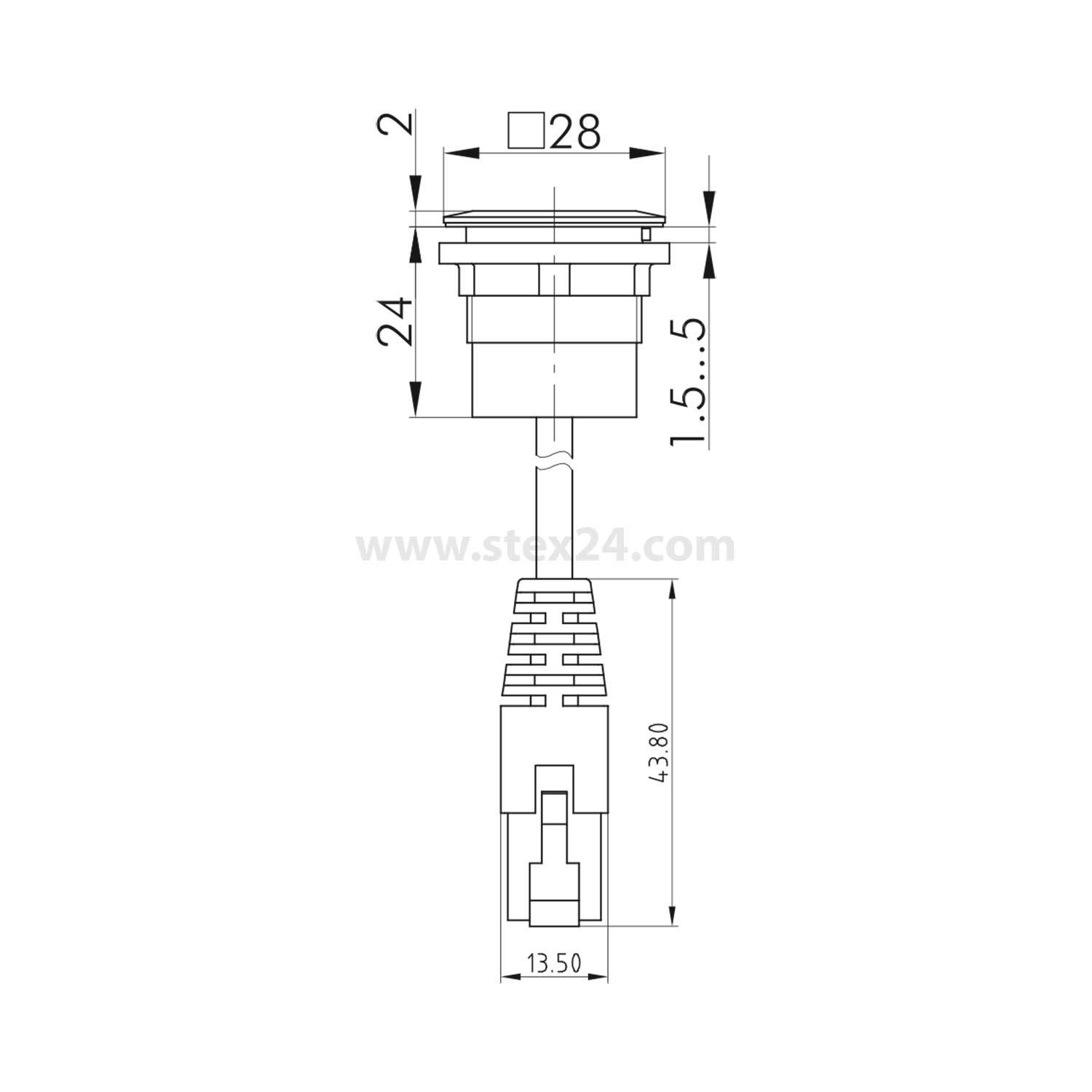 Technische Zeichnung einer kleinen elektronischen Komponente mit Maßangaben: Durchmesser 28, Höhe 24, Basisbereich 1,5 bis 5 und Anschlusslänge 13,50.