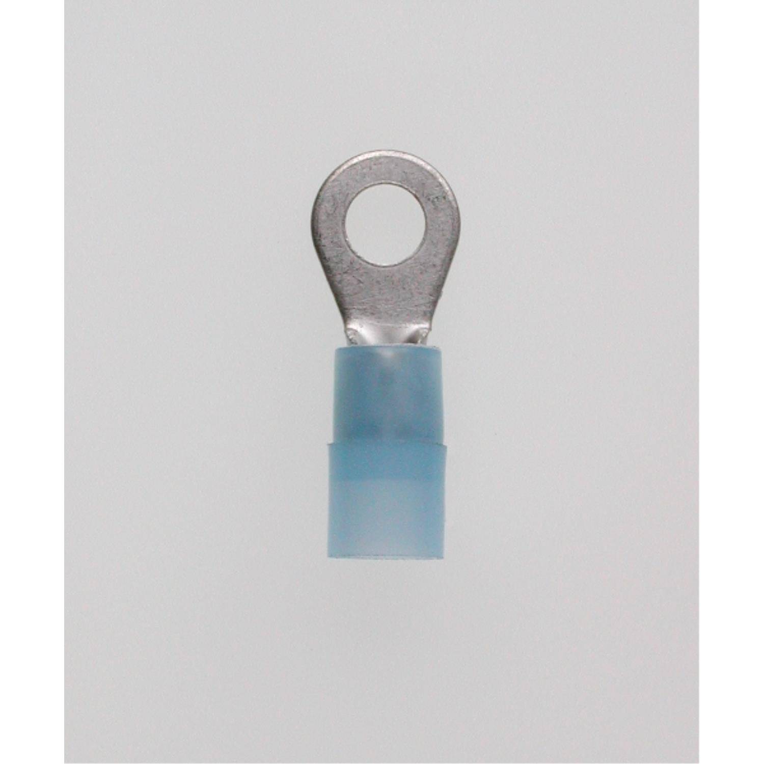 Ein blauer isolierter Ringkabelschuh mit einem Metallring für elektrische Verdrahtung, isoliert auf weißem Hintergrund.