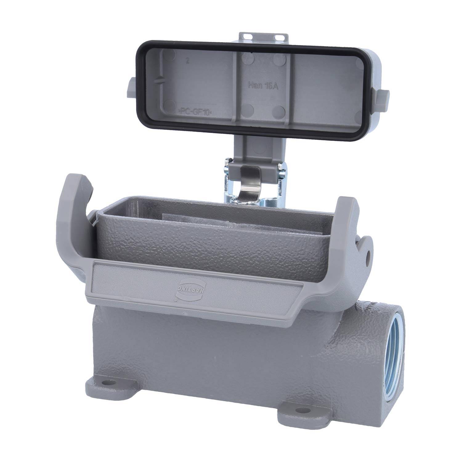 Eine rechteckige graue elektrische Verteilerdose mit offener Abdeckung, die seitliche Rohranschlüsse und eine Halterung zur Montage aufweist.