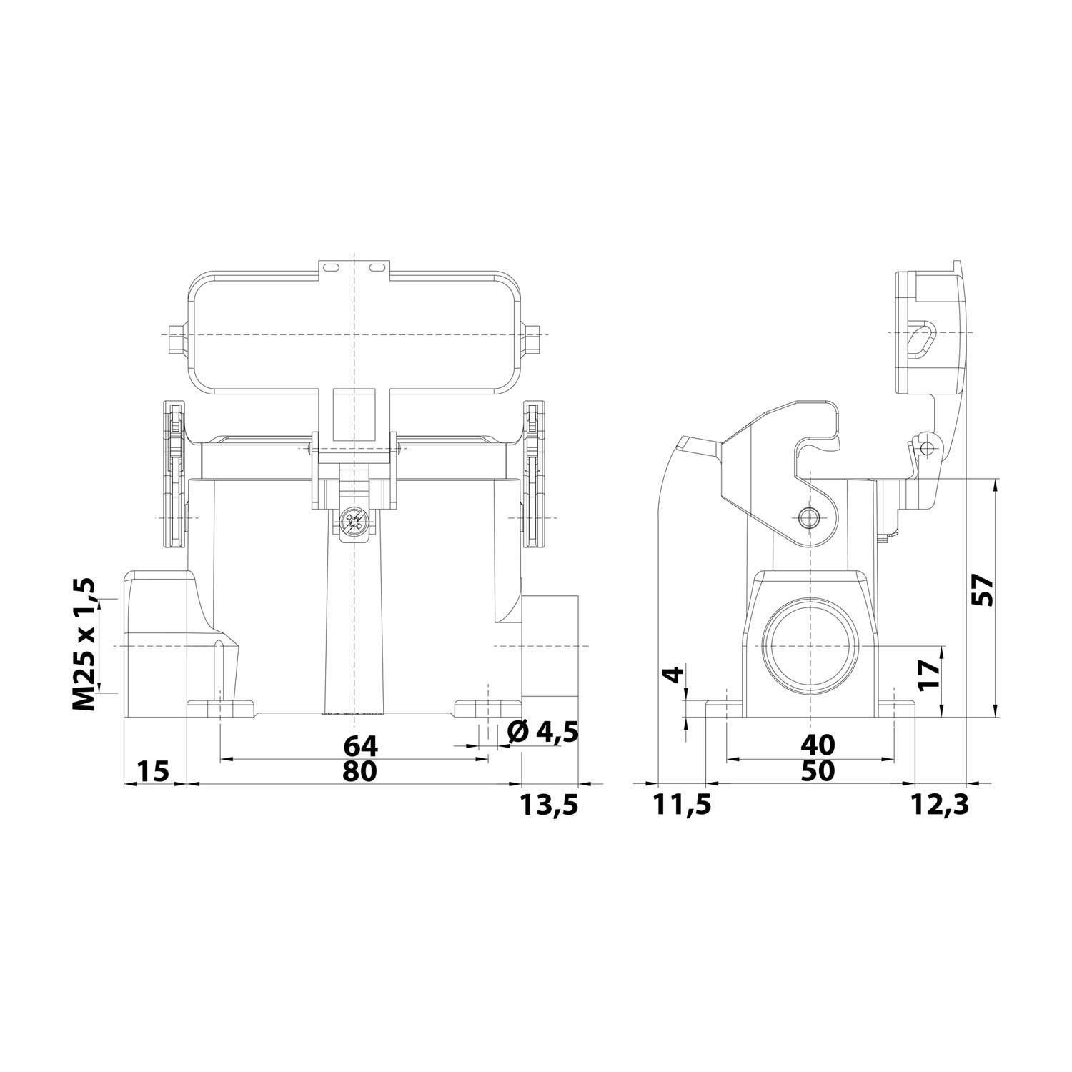 Technische Zeichnung eines mechanischen Bauteils mit beschrifteten Abmessungen, einschließlich Breiten von 64 mm und 80 mm sowie verschiedenen Maßen in Millimetern.
