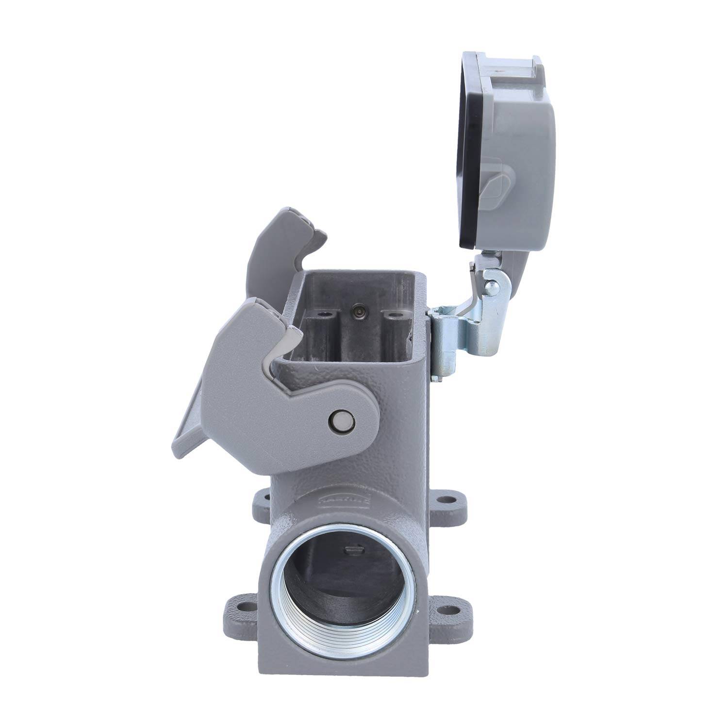 Ein Metallgehäuse für elektrische Anlagen mit einer Klappe mit Scharnier und Schutzklappen, ausgelegt für den Außen- oder industriellen Einsatz, in Profilansicht dargestellt.