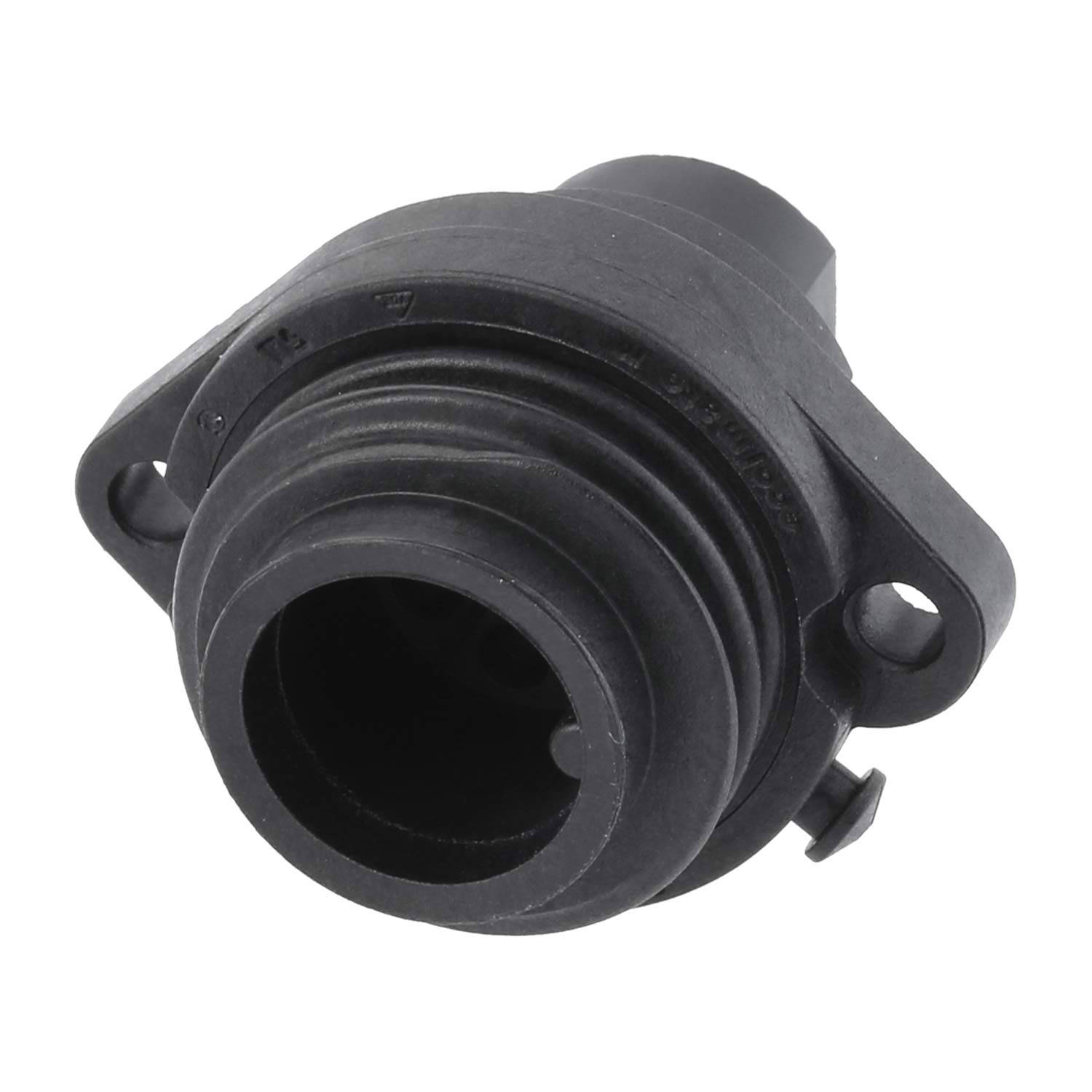 Eine schwarze, kreisförmige mechanische Komponente mit Flansch und zwei Befestigungslöchern, die typischerweise in automobilen oder industriellen Anwendungen verwendet wird.