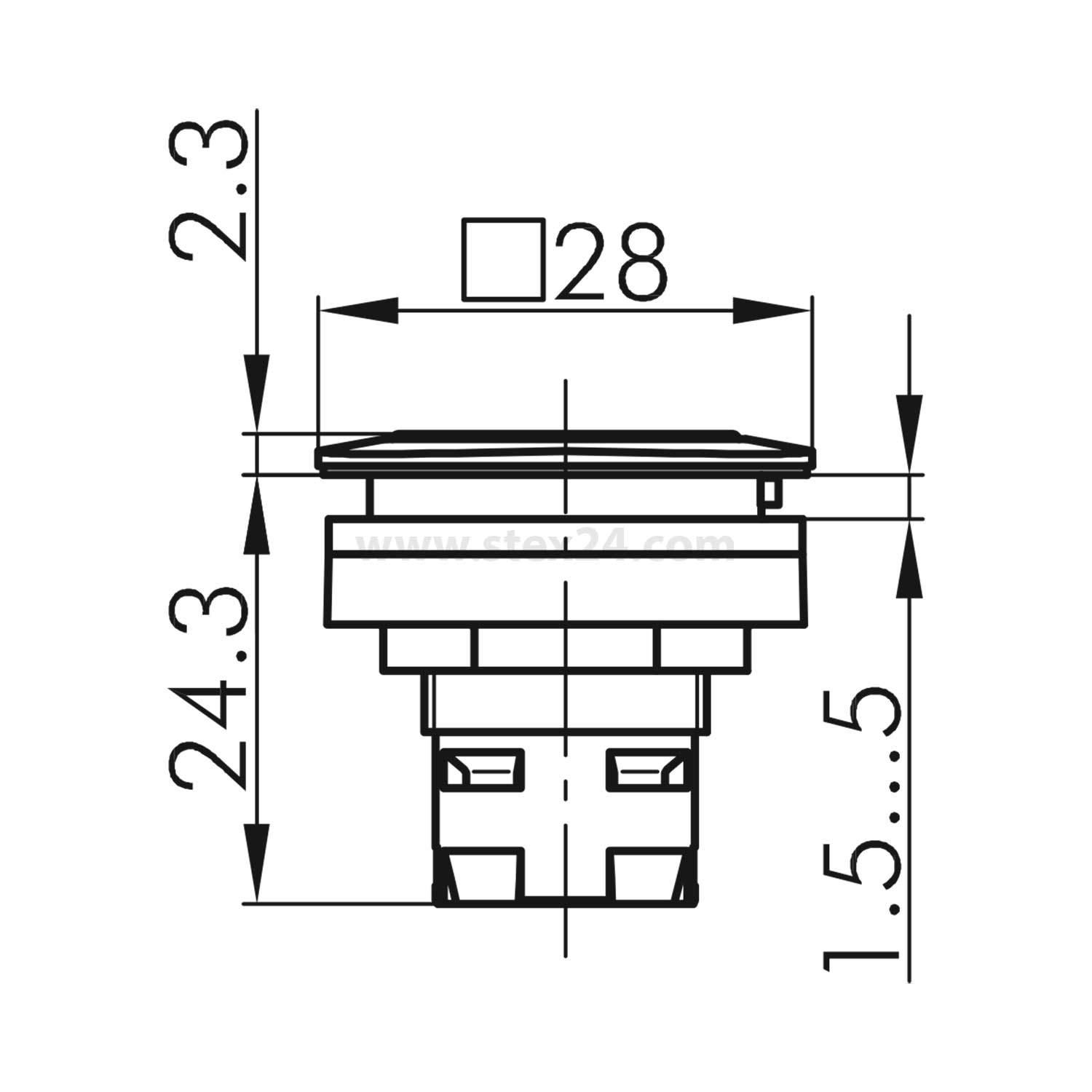 Technische Zeichnung einer Komponente mit quadratischer Oberseite von 28 mm, Höhe 24,3 mm und einem Vorsprungsbereich von 1,5 bis 5,5 mm.