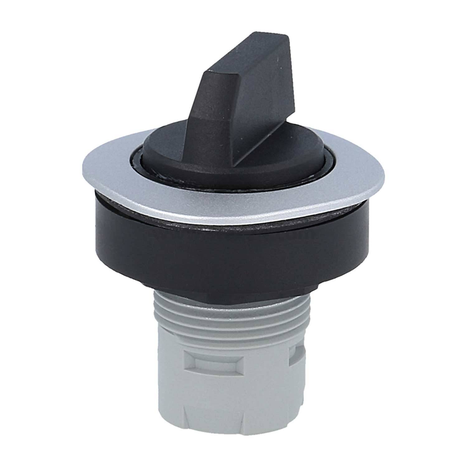 Ein schwarzer und grauer Drehschalter mit einem pfeilförmigen Griff auf einer zylindrischen Basis, konzipiert für die Steuerung elektronischer Funktionen.