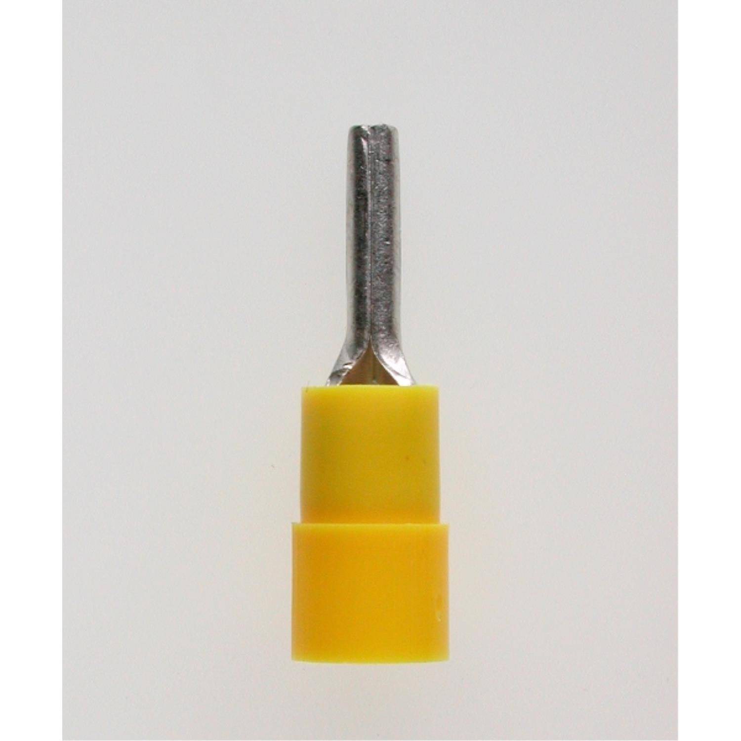Ein gelber isolierter Anschlussklemmenstift-Verbinder mit einer silbernen Metalltip, verwendet für elektrische Verbindungen und Verdrahtungen.