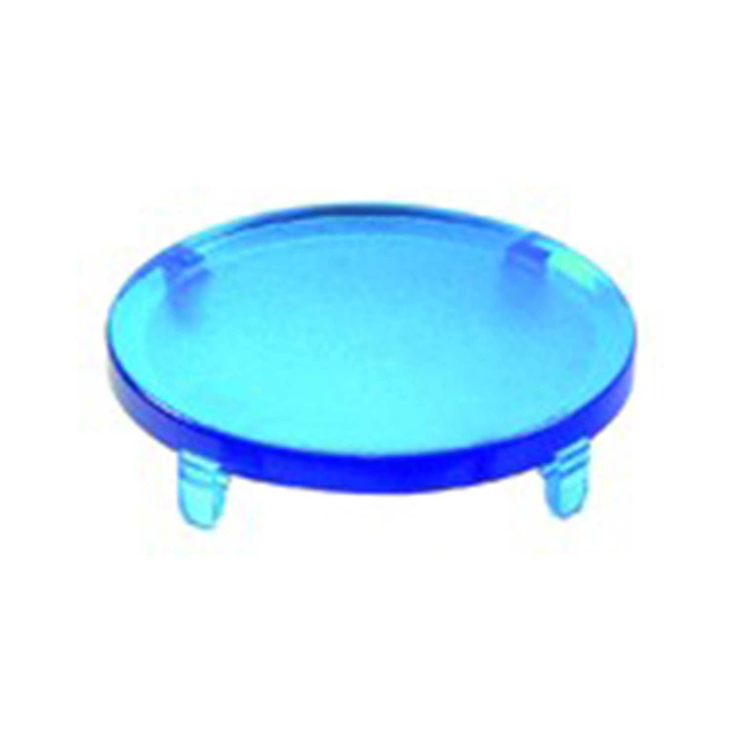 Eine runde, transparente blaue Scheibe mit kleinen Kerben an den Kanten. Scheint eine Linse oder ein Abdeckung zu sein, möglicherweise zu Schutz- oder Filterzwecken.