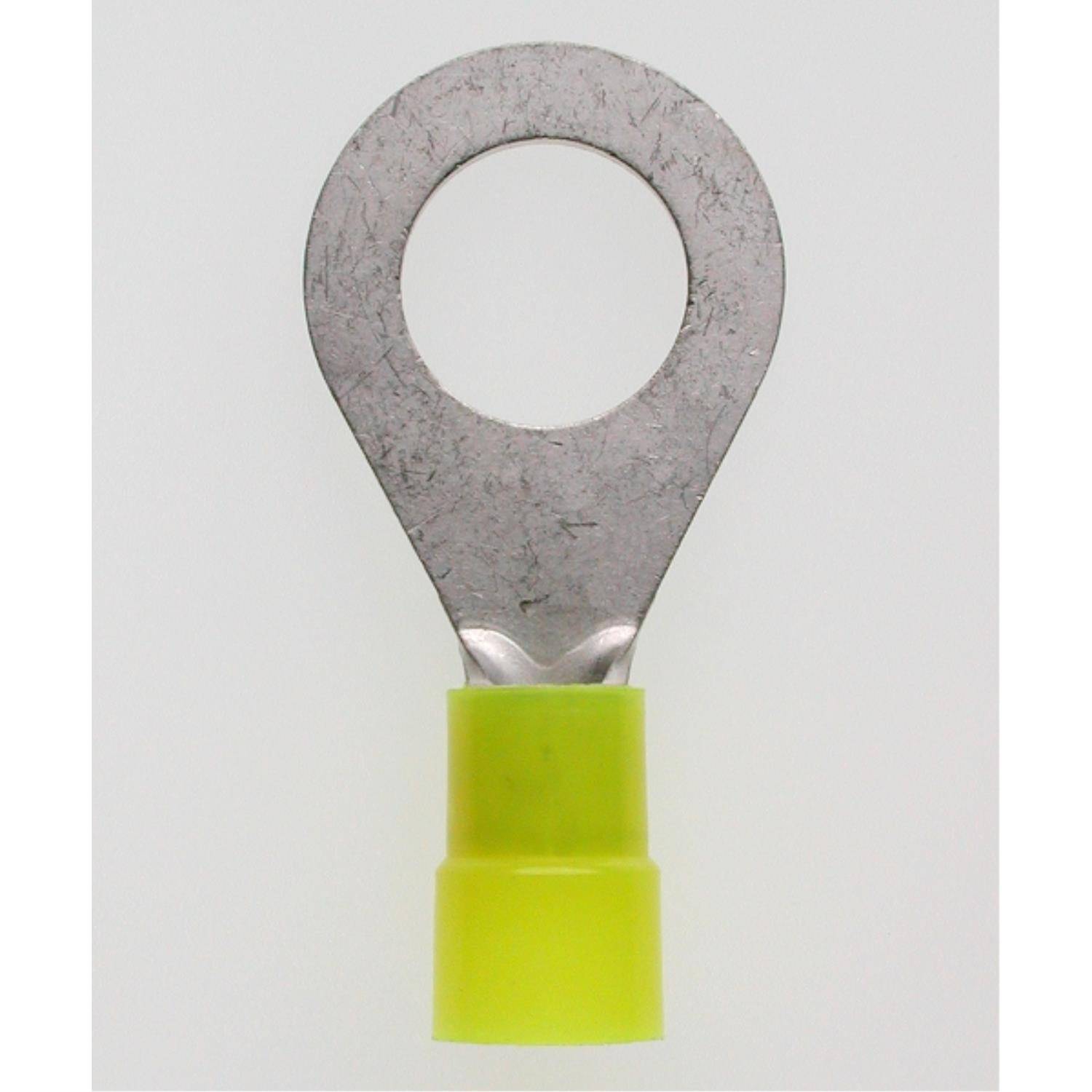 Ein Ringkabelschuh mit einer gelben Isolierhülle, verwendet zum Anschluss von Leitern an Geräte oder Schaltkreise.