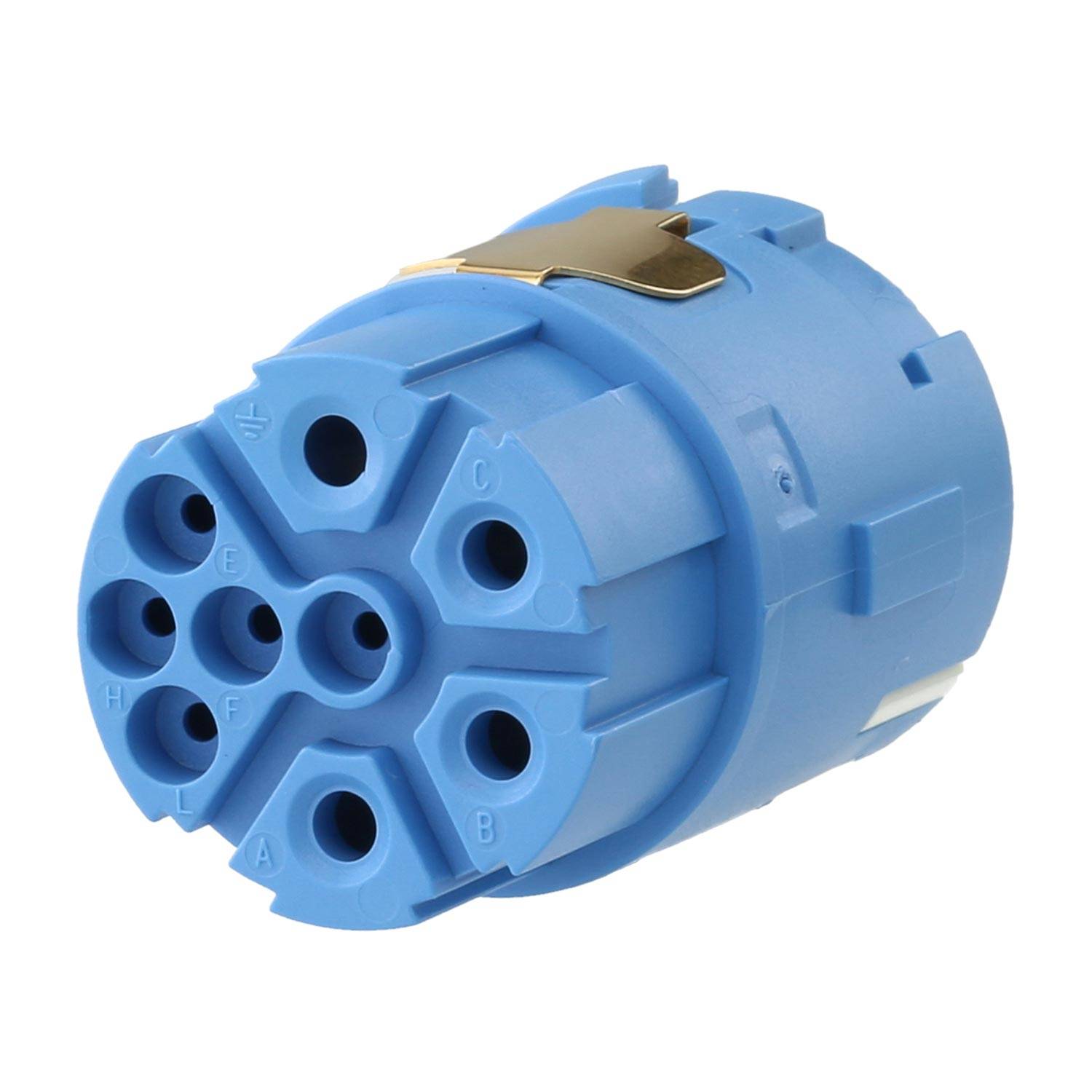 Ein blauer industrieller Anschluss mit neun kreisförmigen Buchsen, von A bis H beschriftet, der für sichere elektrische Verbindungen konzipiert ist.