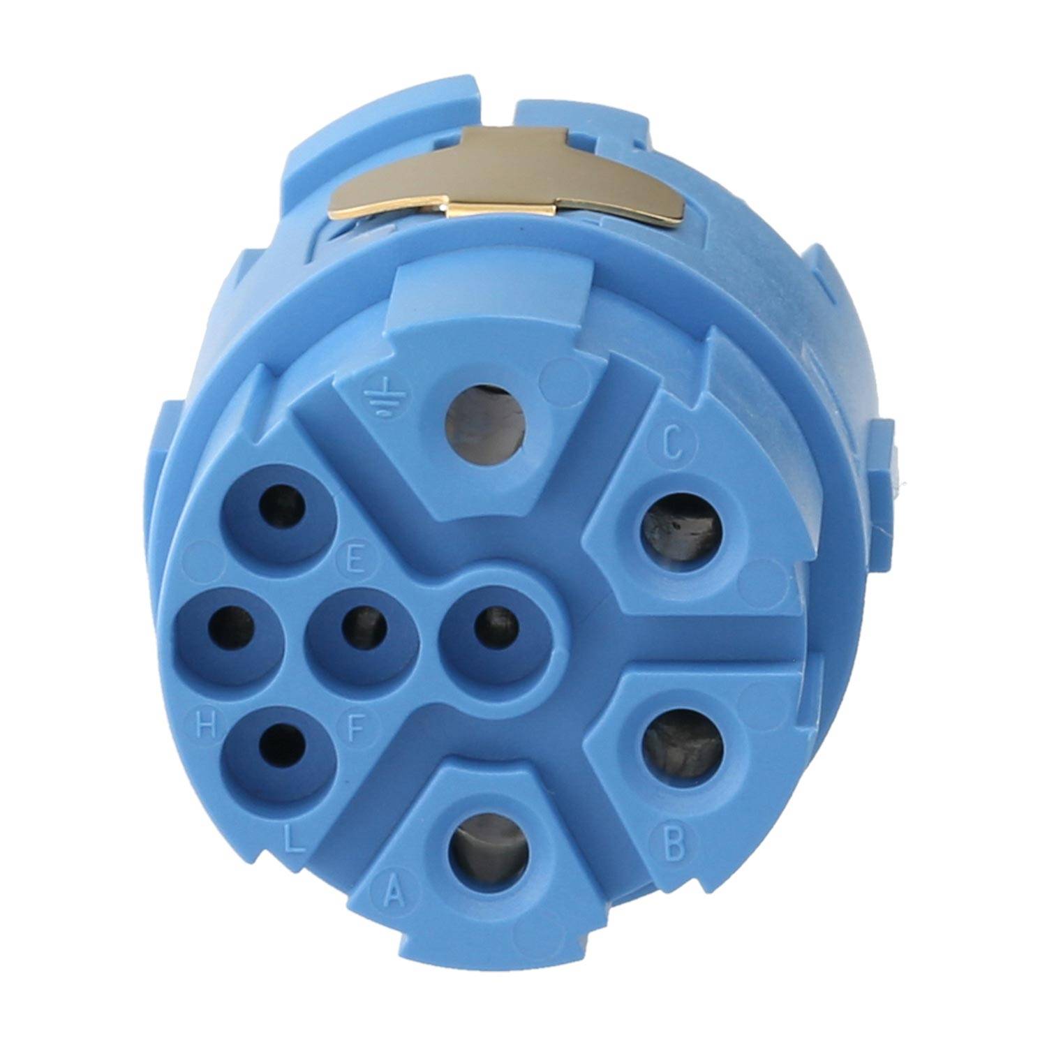 Nahaufnahme eines blauen Zündschalters mit mehreren beschrifteten Anschlüssen für Kabelverbindungen.