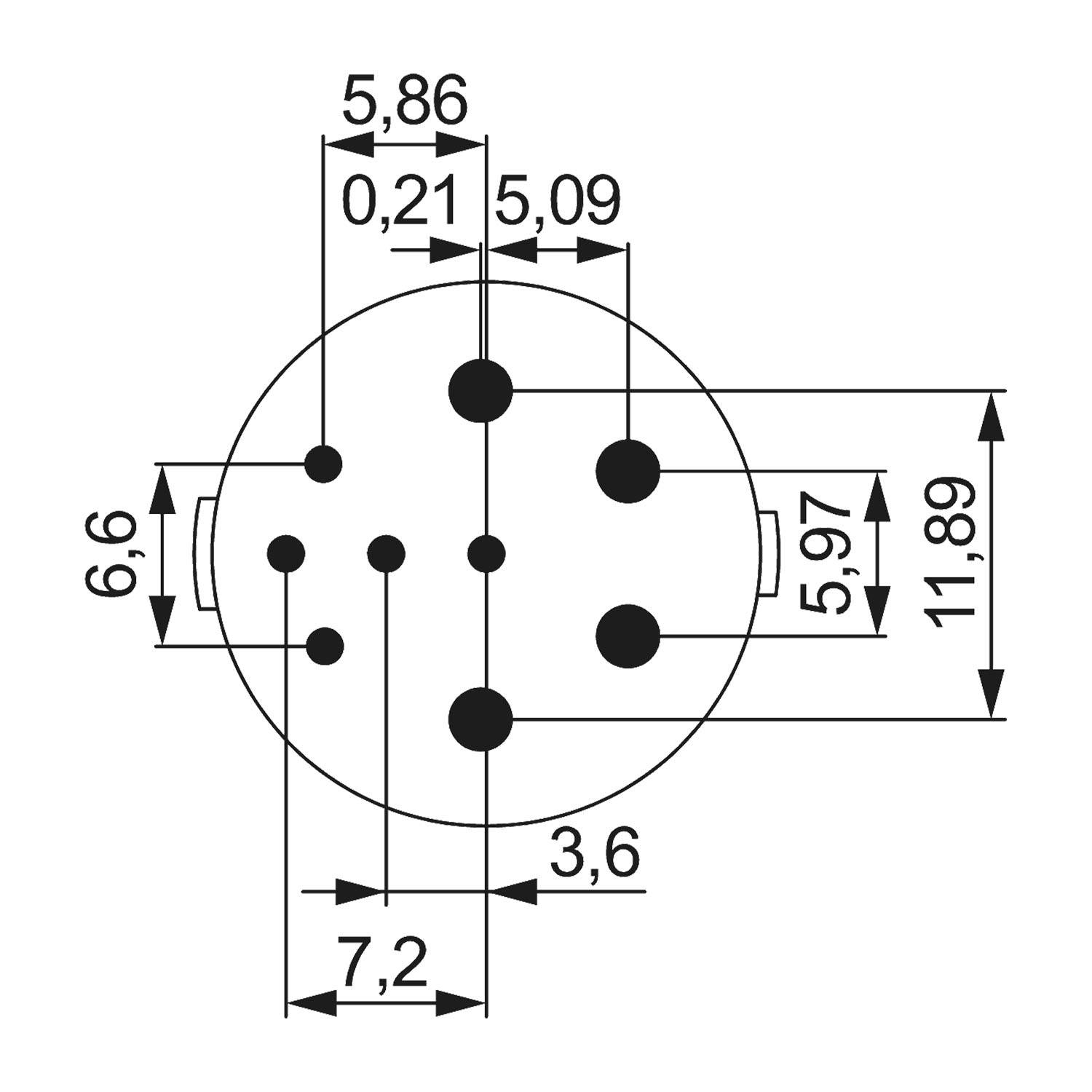 Diagramm eines runden Verbinders mit acht nummerierten Löchern und Maßlinien, die folgende Messungen anzeigen: 5,86, 5,09, 5,97, 11,89, 6,6, 7,2 und 3,6.