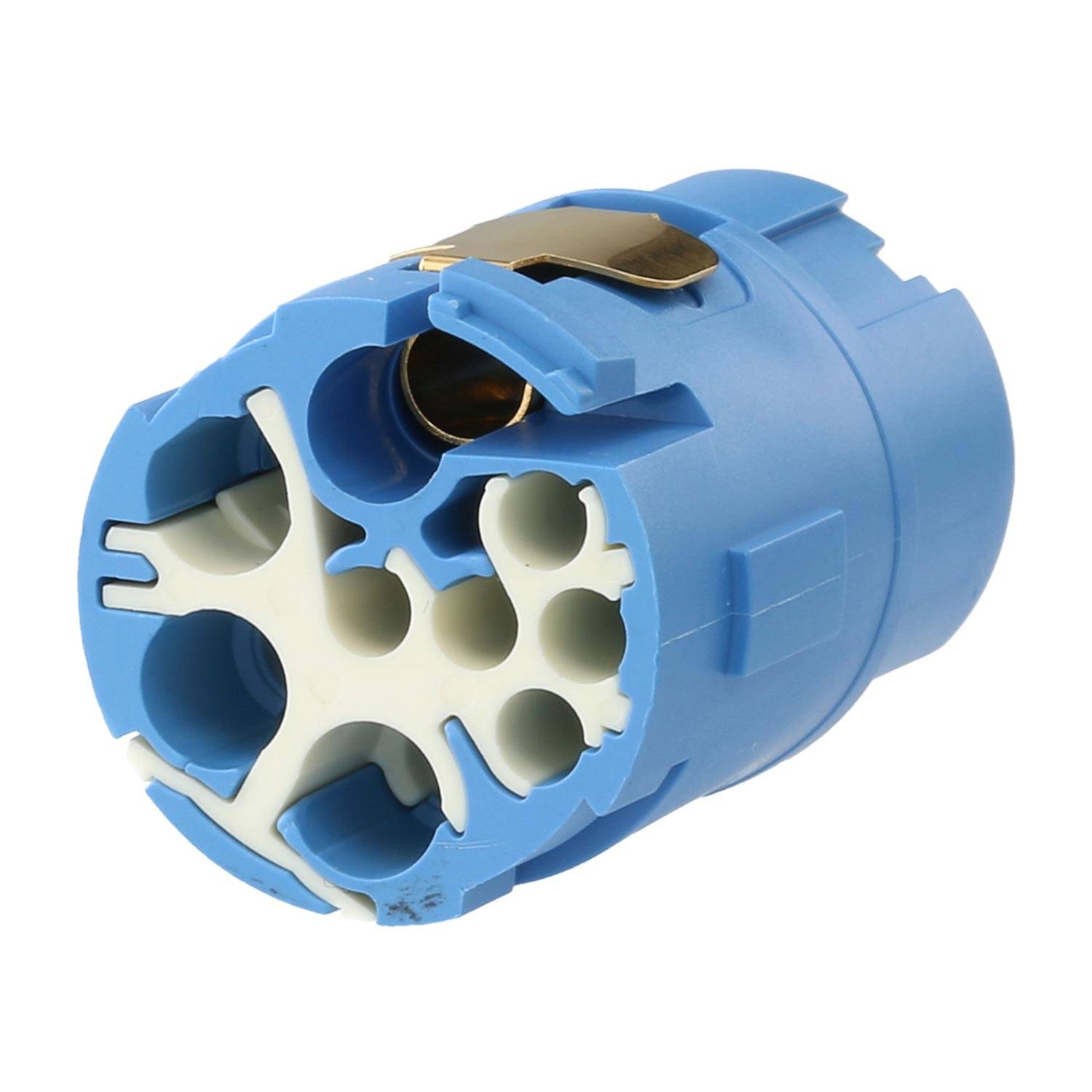 Blauer Kunststoff-Elektroverbinder mit mehreren kreisförmigen Steckdosen, entwickelt für modulare Verkabelungsanordnungen.