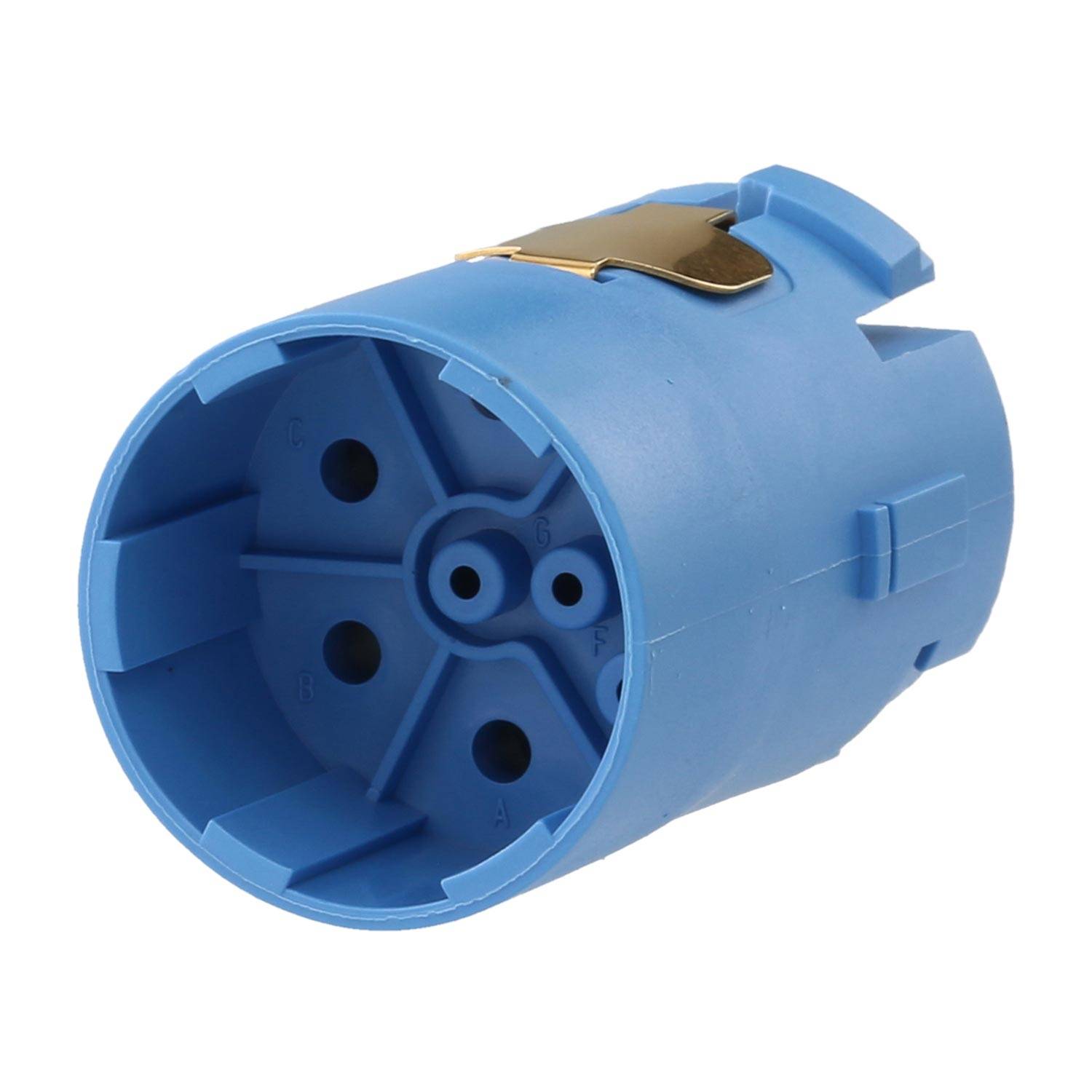 Eine blaue zylindrische Elektro-Anschlussdose mit mehreren Öffnungen für Kabelführungen, ausgestattet mit einem Metallclip an der Seite zur Befestigung.