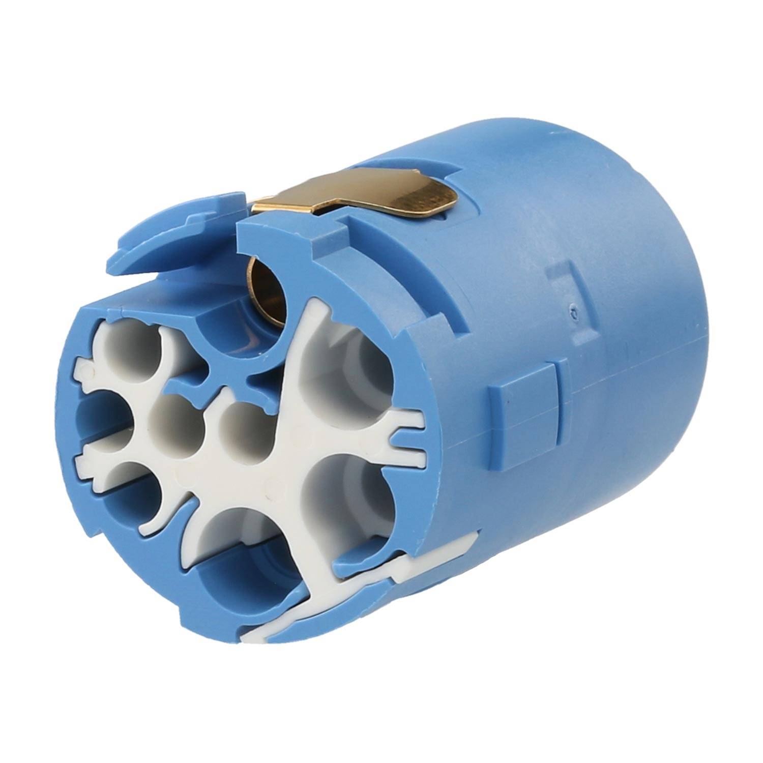 Eine blaue Kunststoffkomponente für elektrische Anschlüsse mit mehreren Öffnungen und einem Metallkontakt, die für Verbindungen in Beleuchtungsanlagen verwendet wird.