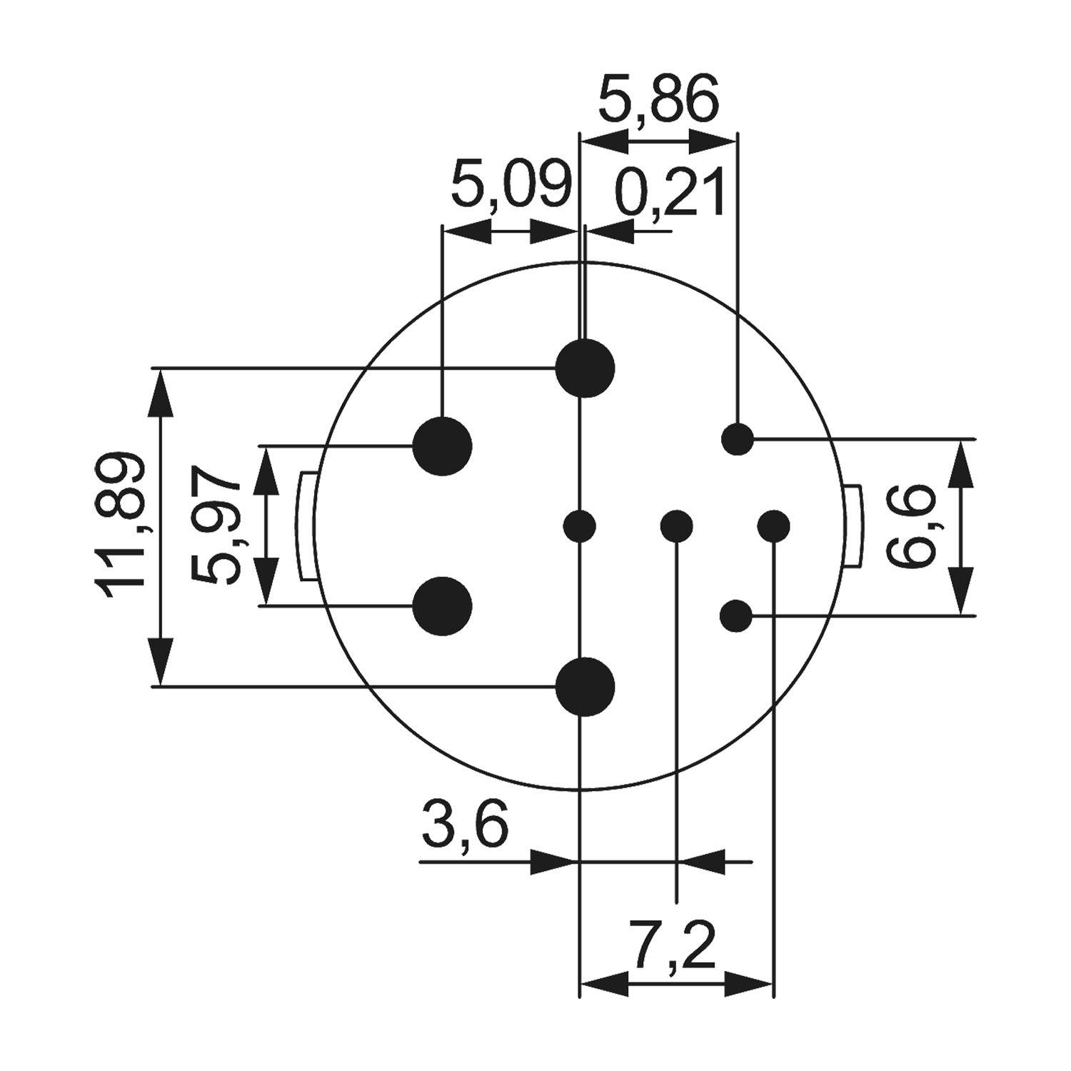 Technische Zeichnung eines kreisförmigen Steckers mit neun Stiftelöchern, mit präzisen Maßangaben in Millimetern.