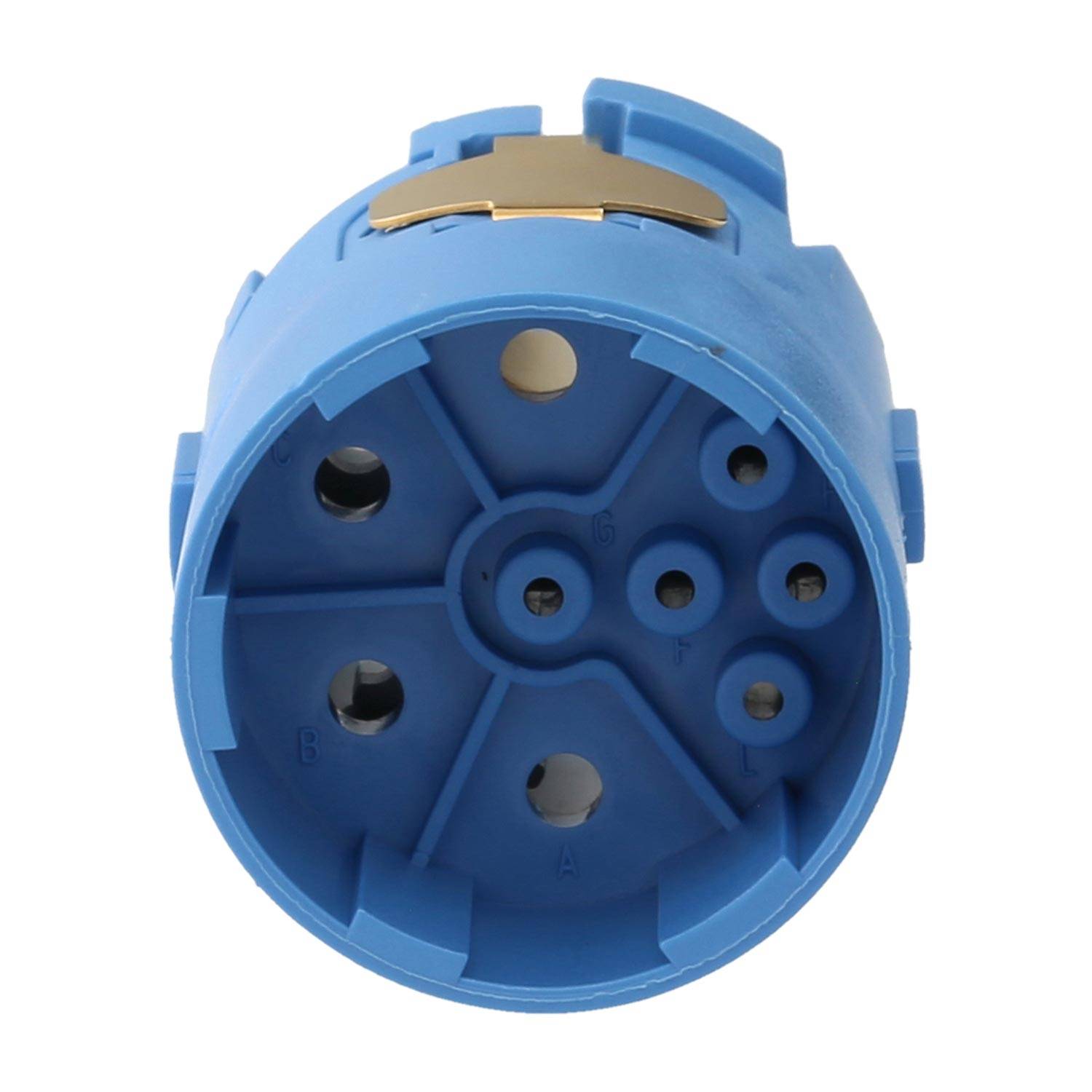 Eine blaue kreisförmige elektrische Verteilerdose mit mehreren Schraublöchern und Aussparungen für Kabelführungen.