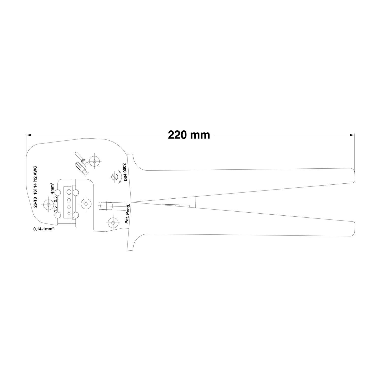 Technische Zeichnung einer Crimpzange mit Abmessungen von 220 mm. Enthält eine Anleitung für Drahtquerschnitte von 0,14 mm² bis 10 mm².