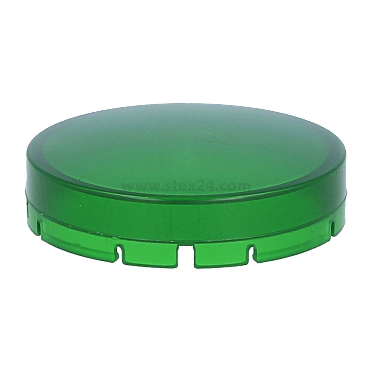 Ein runder, grüner Plastikdeckel mit flacher Oberseite und kleinen Kerben am Rand.