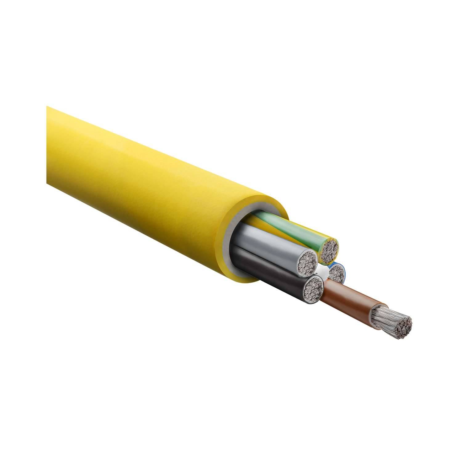 Ein Querschnitt eines gelben Kabels zeigt mehrere isolierte Drähte in verschiedenen Farben, was auf ein mehradriges Elektrokabel hinweist.