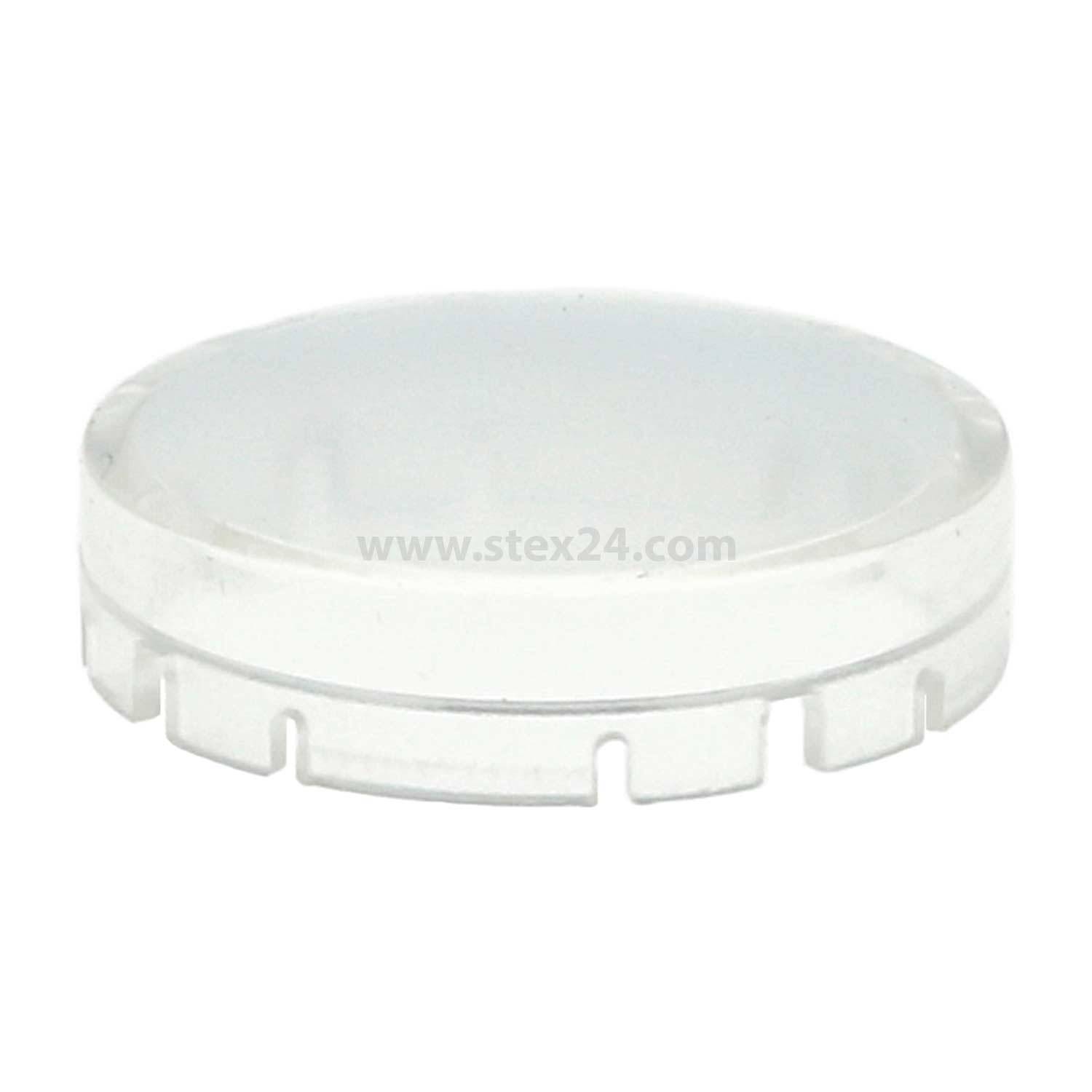 Eine runde, durchsichtige Plastikkappe mit eingekerbtem Rand und leichter Aussparungsdetail, verwendet zum Abdecken von Behältern oder ähnlichen Gegenständen.