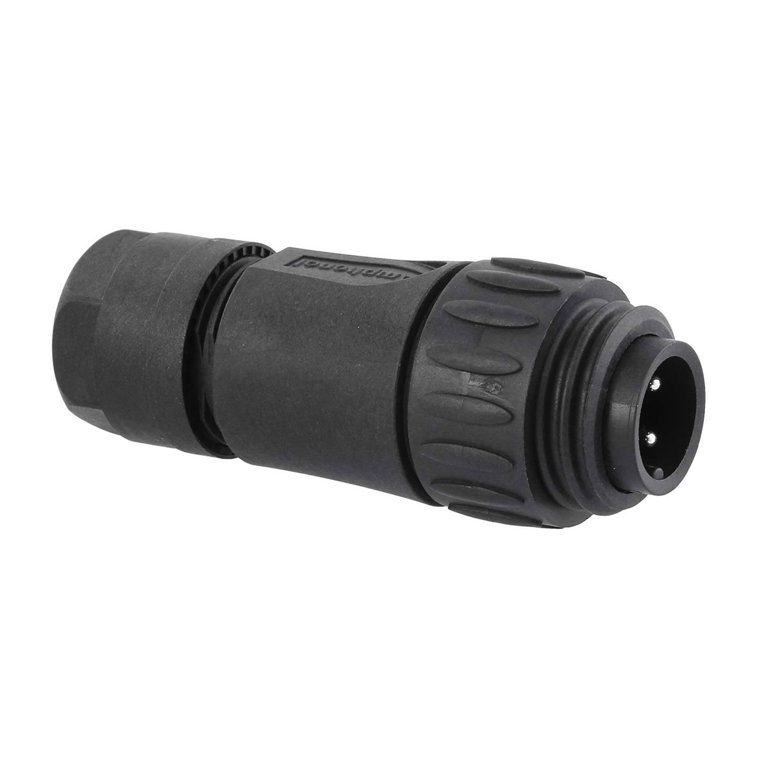 Ein schwarzer elektrischer Steckverbinder mit mehreren Pins, ausgestattet mit einem robusten, zylindrischen Design für sichere industrielle oder Outdoor-Anwendungen.