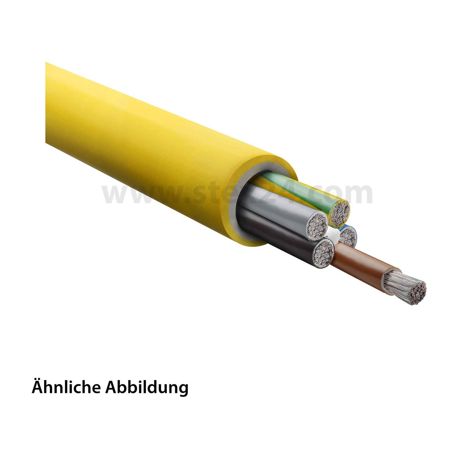 Ein gelb-ärmeliges elektrisches Kabel mit sichtbaren Innenleitern, das mehrere Leiter zeigt. Text: Ähnliche Abbildung.