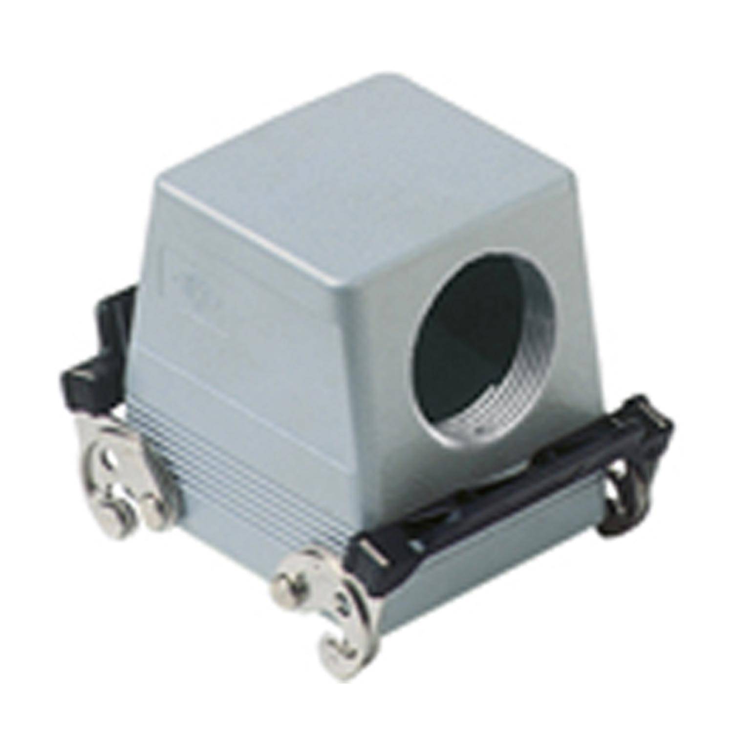 Metallisches rechteckiges Anschlussgehäuse mit einer kreisförmigen Öffnung an einer Seite und zwei Verriegelungen zum Sichern.