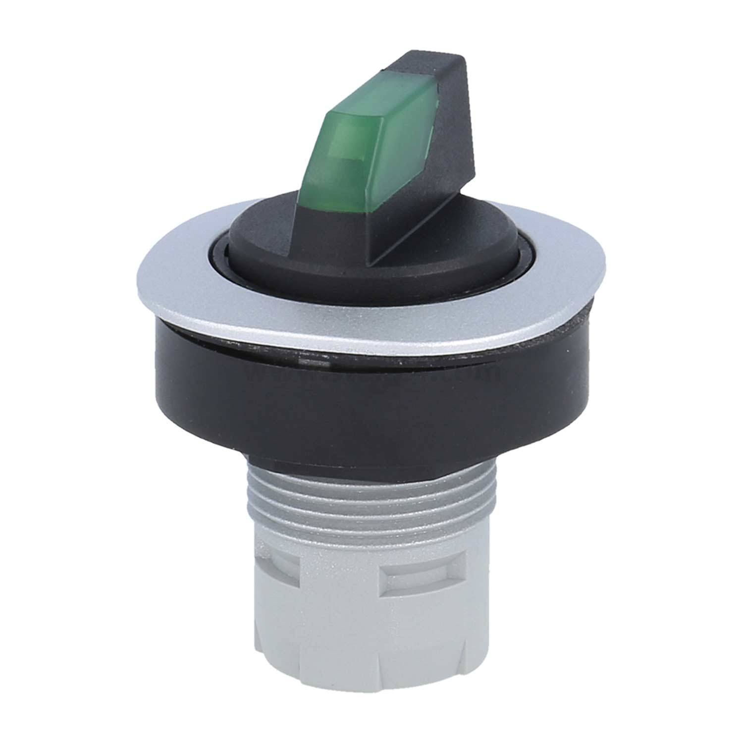 Ein schwarzer und silberner Kippschalter mit einer grünen Anzeige, konzipiert für die Steuerung von elektronischen oder industriellen Geräten.