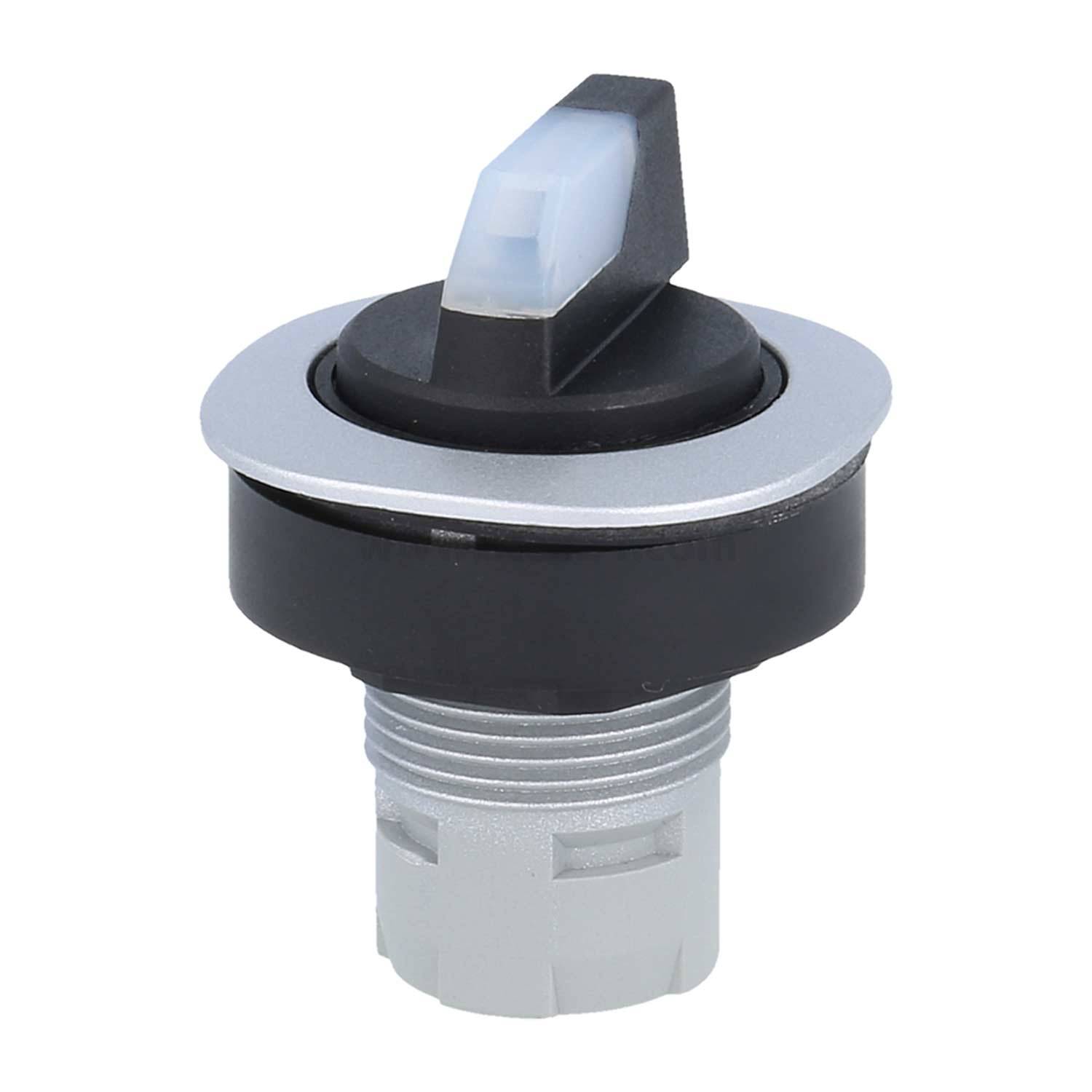 Ein schwarzer und silberner Drehschalter mit einem Hebel, der zur Steuerung elektrischer Schaltkreise verwendet wird.