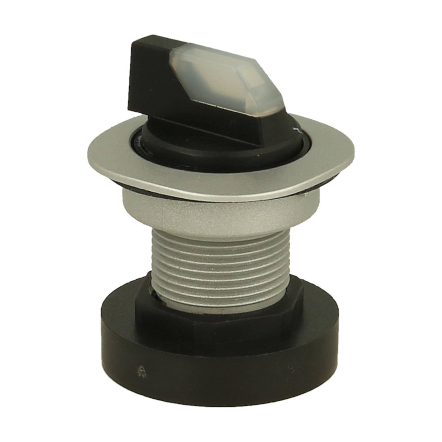 Ein schwarzer und silberner industrieller Kippschalter mit sechseckiger Basis, der in aufrechter Position vor einem schlichten Hintergrund dargestellt wird.