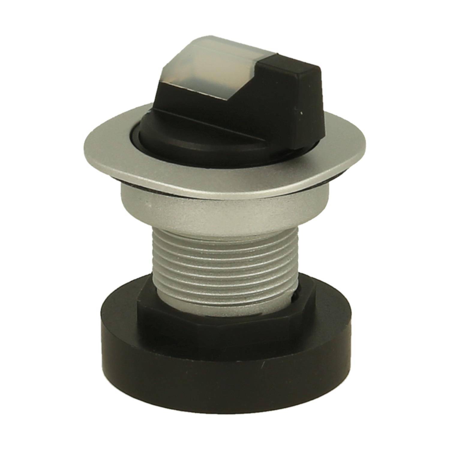 Ein Metalldruckknopf mit einer runden Basis und einer flachen, erhabenen Oberfläche, der für Maschinen oder elektronische Geräte konzipiert ist.