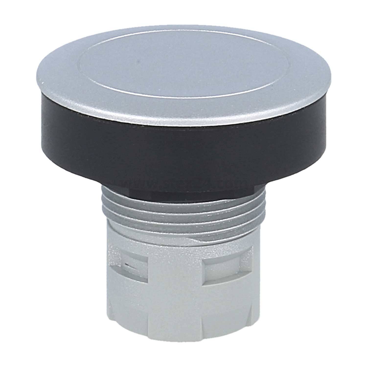 Ein silberner und schwarzer Drucktastenschalter mit einer flachen, runden Oberseite und gerilltem Gehäuse. Er ist für elektronische oder industrielle Anwendungen konzipiert.