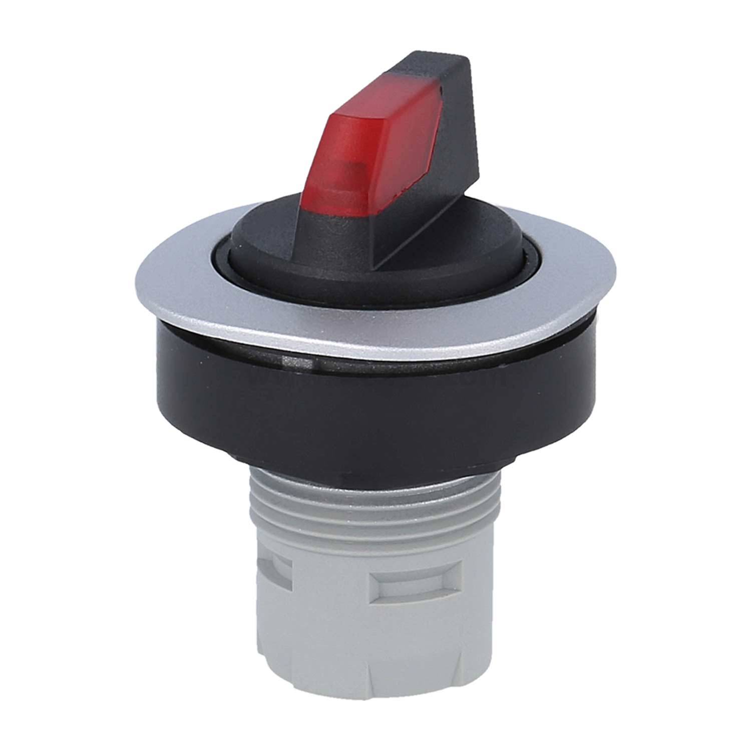 Ein rot-schwarzer Kippschalter mit einem runden silbernen und schwarzen Gehäuse. Er scheint zur Paneelmontage bereit zu sein, möglicherweise für ein elektronisches Gerät.
