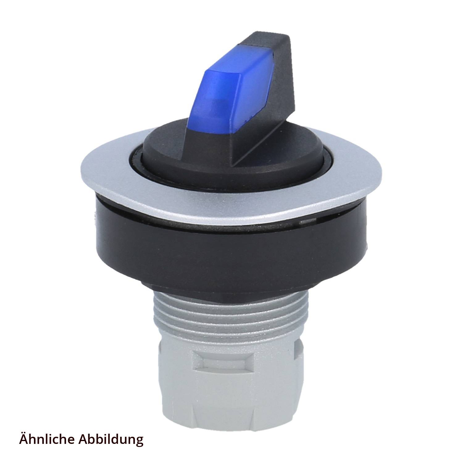 Ein blau abgedeckter Drehschalter mit schwarzer und silberner Basis, montiert auf einem grauen zylindrischen Anbauteil, verwendet für elektronische Kontrollpaneele.