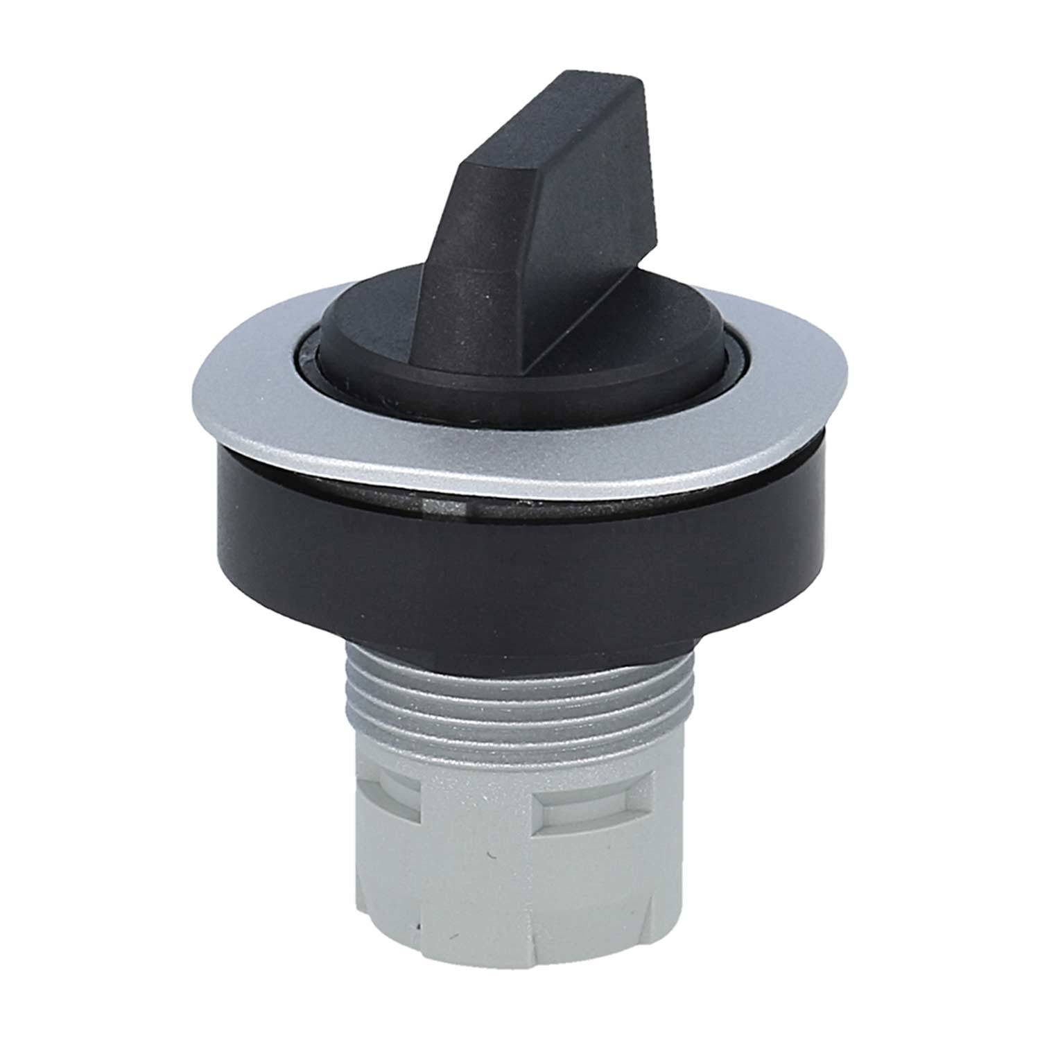 Ein schwarzer und silberner Drehschalter in Ausschaltposition, mit einem dreieckigen Griff, der zum Ein- und Ausschalten elektrischer Geräte verwendet wird.