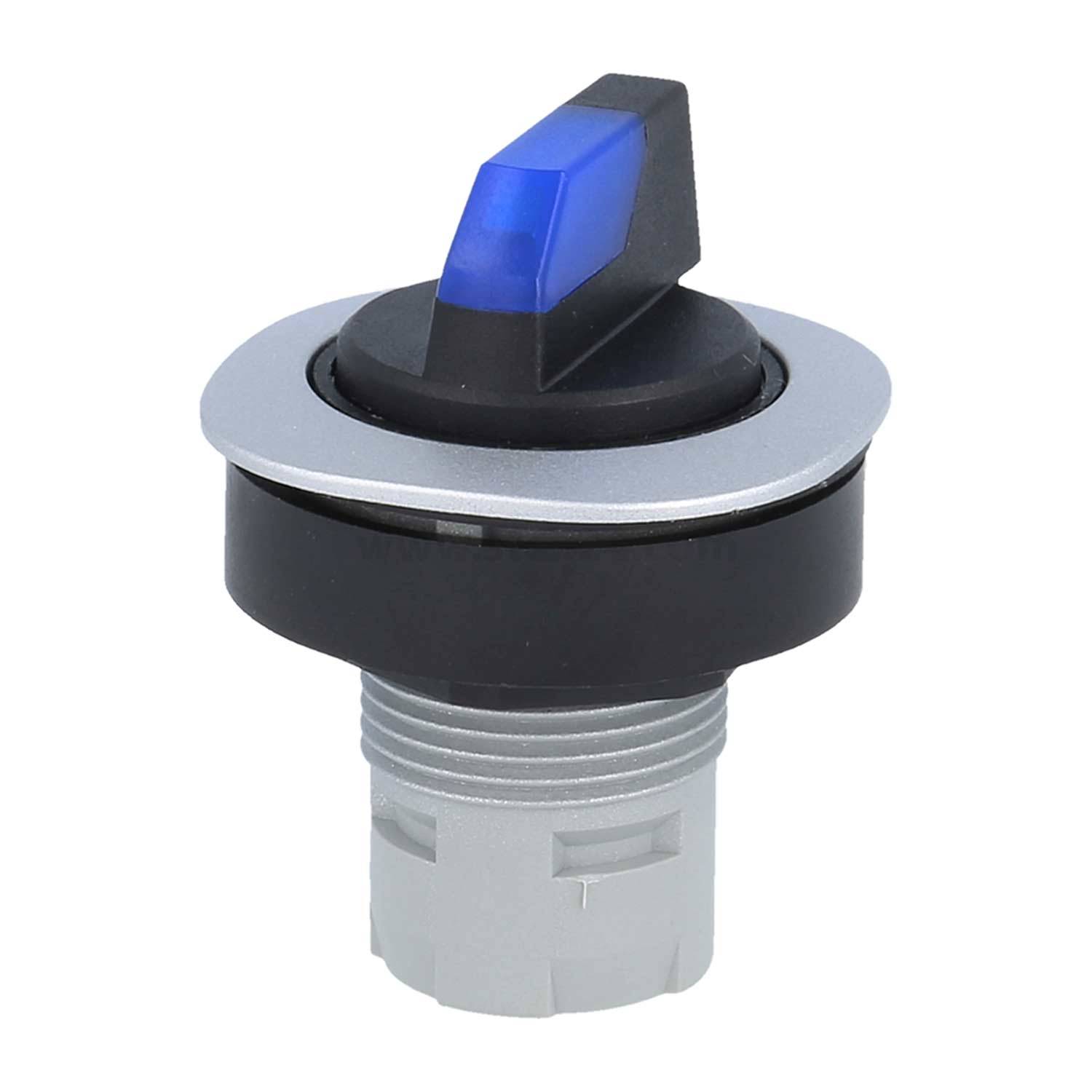 Ein blau-schwarzer Kippschalter mit grauer Grundplatte, ausgelegt für die Montage auf einer Tafel.