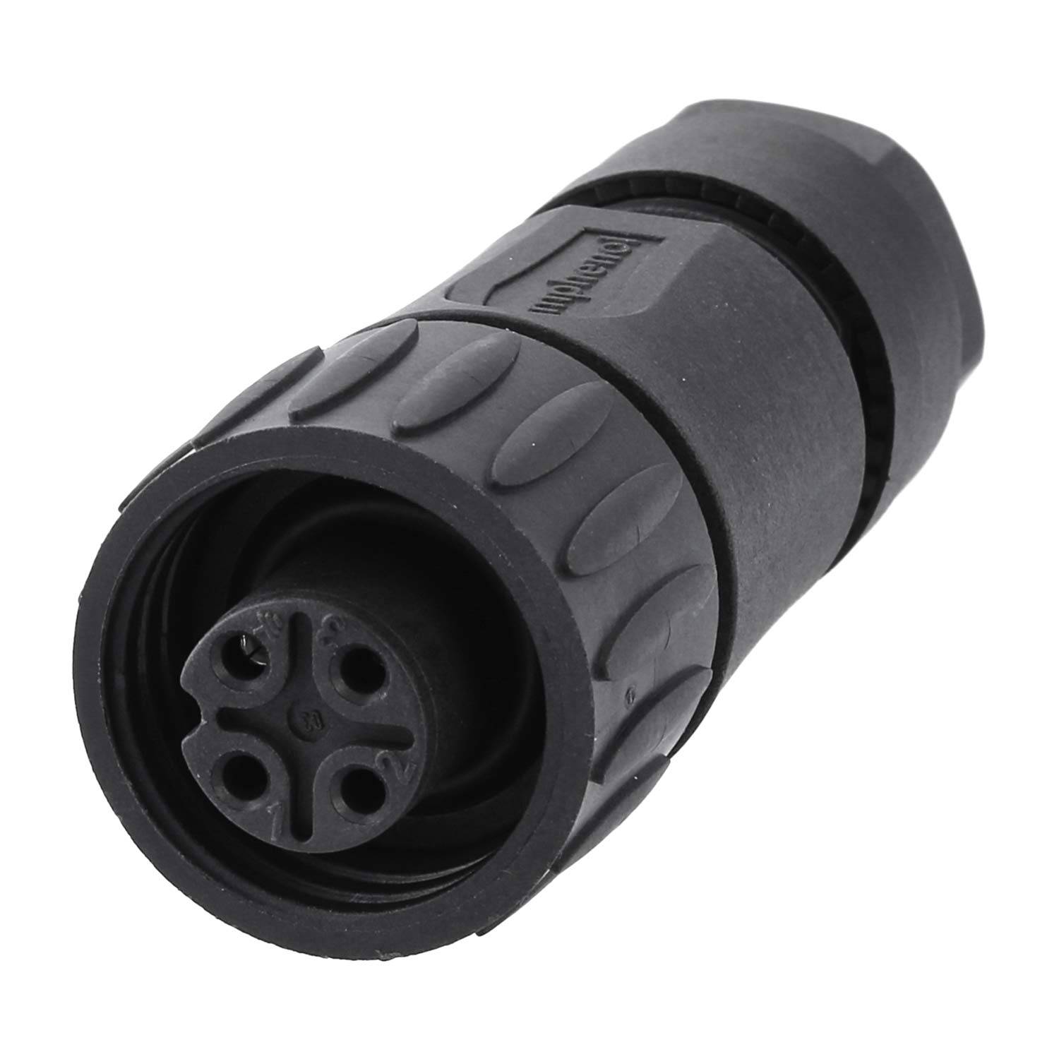 Ein Nahaufnahme-Bild eines schwarzen kreisförmigen Steckverbinders mit vier Pins, versehen mit einer strukturierten Griffoberfläche und einem sicheren Verriegelungsmechanismus.