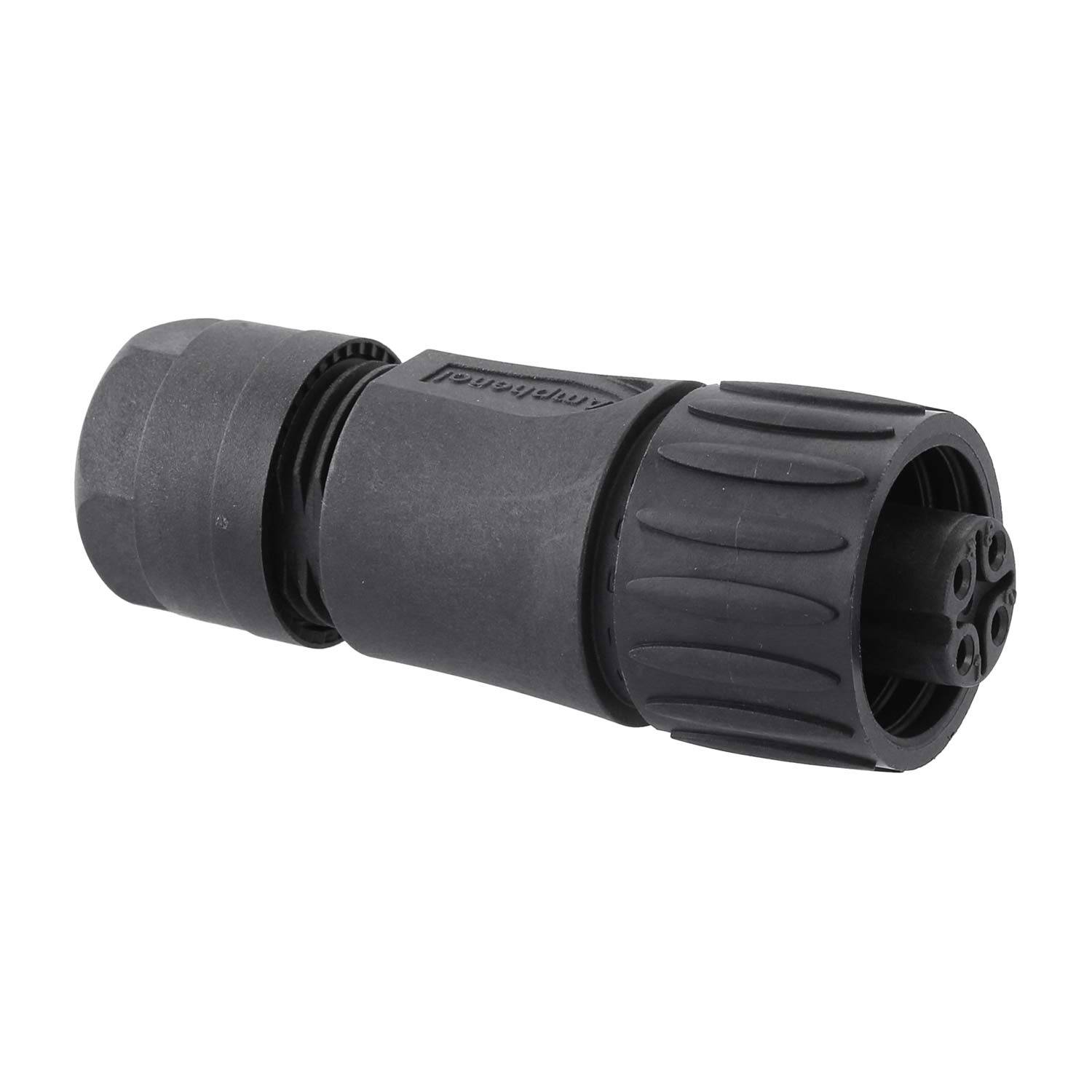 Ein schwarzer Amphenol-Steckverbinder mit robustem zylindrischem Design, ausgestattet mit mehreren internen Kontaktpunkten und einer gerillten Außengriffoberfläche.