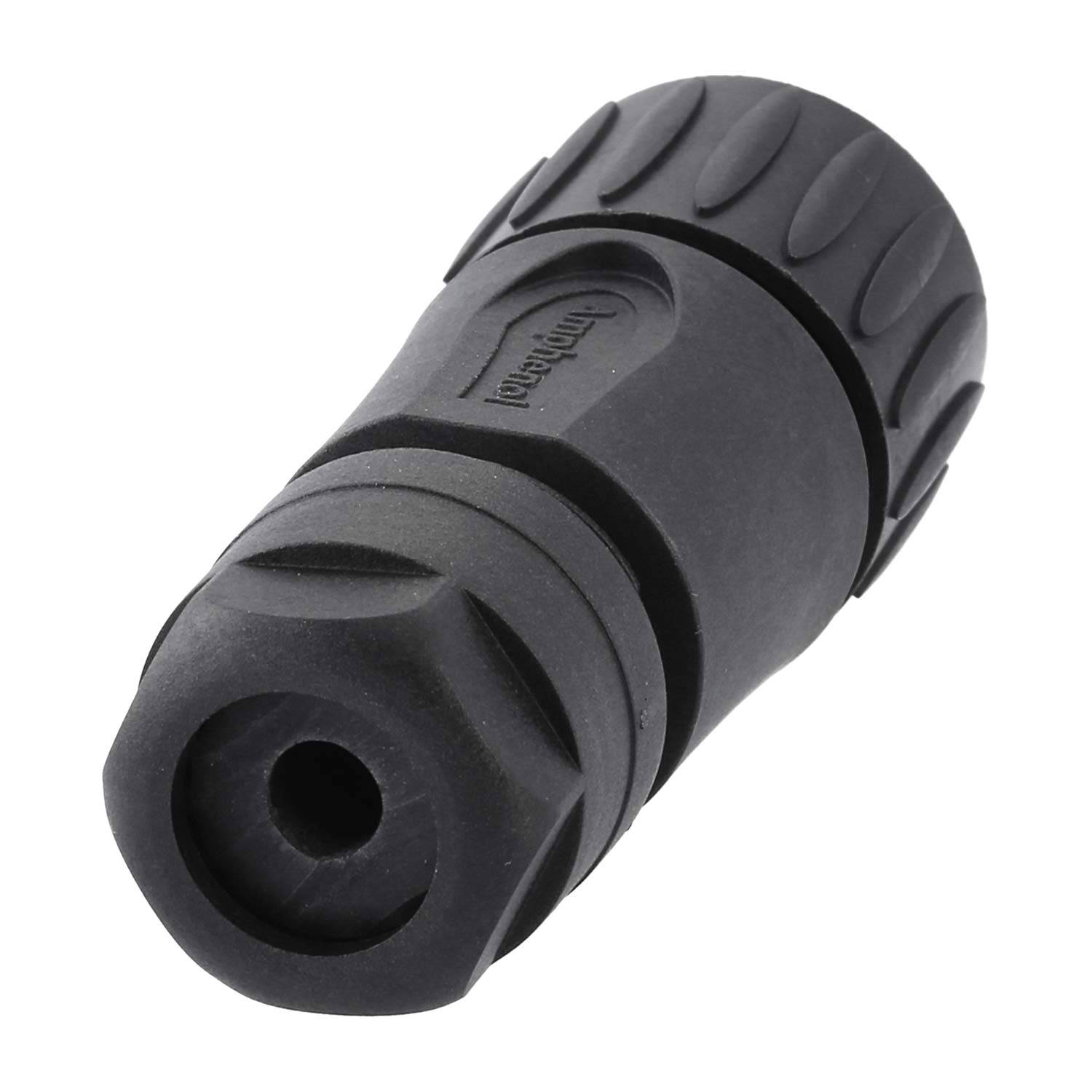 Eine schwarze, strukturierte Gummidüse mit einem Gewindeende, die zum Anschluss an einen Schlauch oder eine Rohrleitung konzipiert ist.