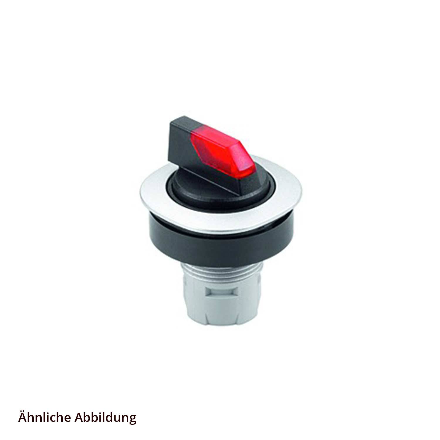 Roter Hebelschalter auf einer silbernen Basis mit einem schwarzen Ring, nach oben geneigt. Text: Ähnliche Abbildung.