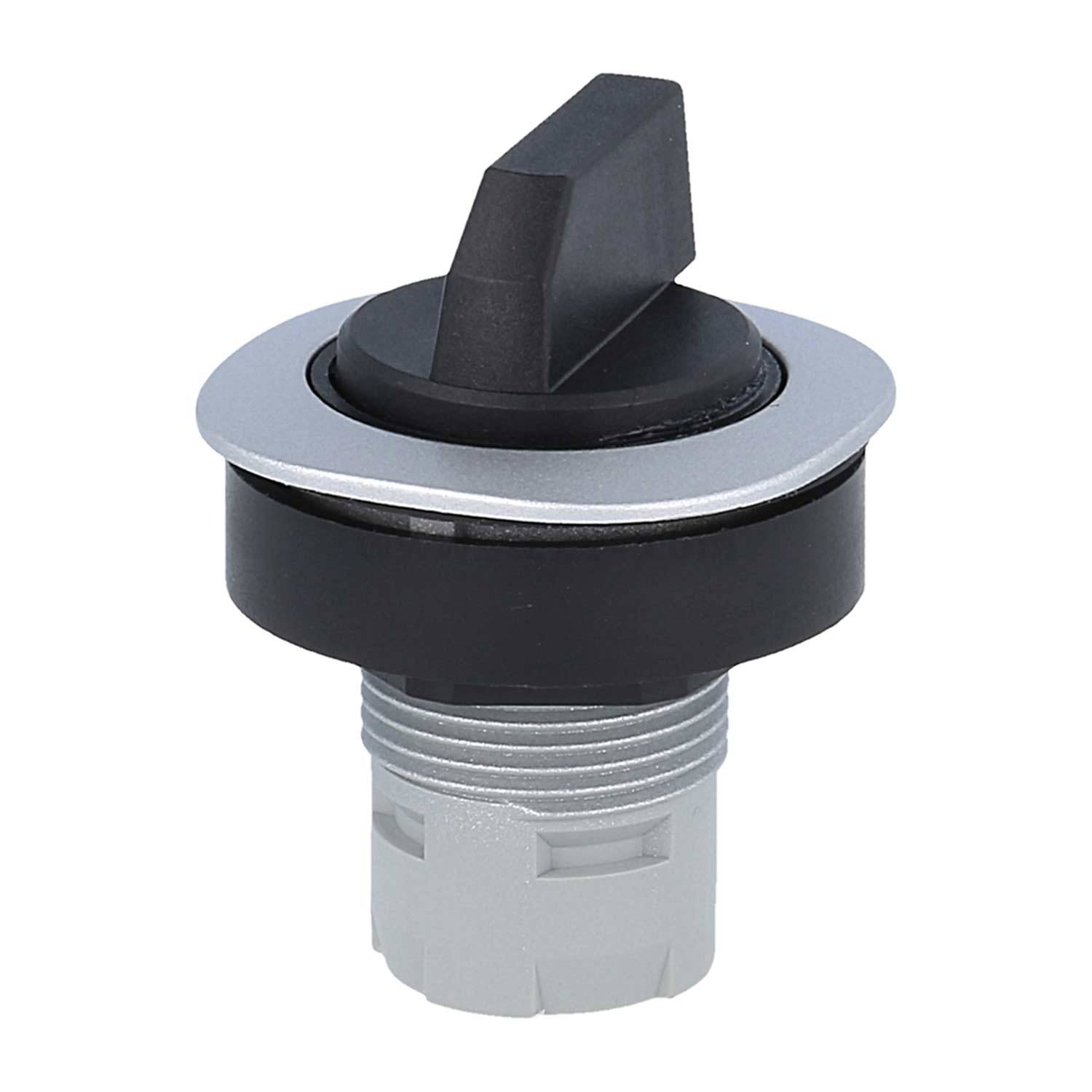 Ein schwarzer Drehschalter mit silberner Einfassung, zur Paneelmontage vorgesehen, der zur Steuerung von elektrischen Geräten oder Maschineneinstellungen verwendet wird.