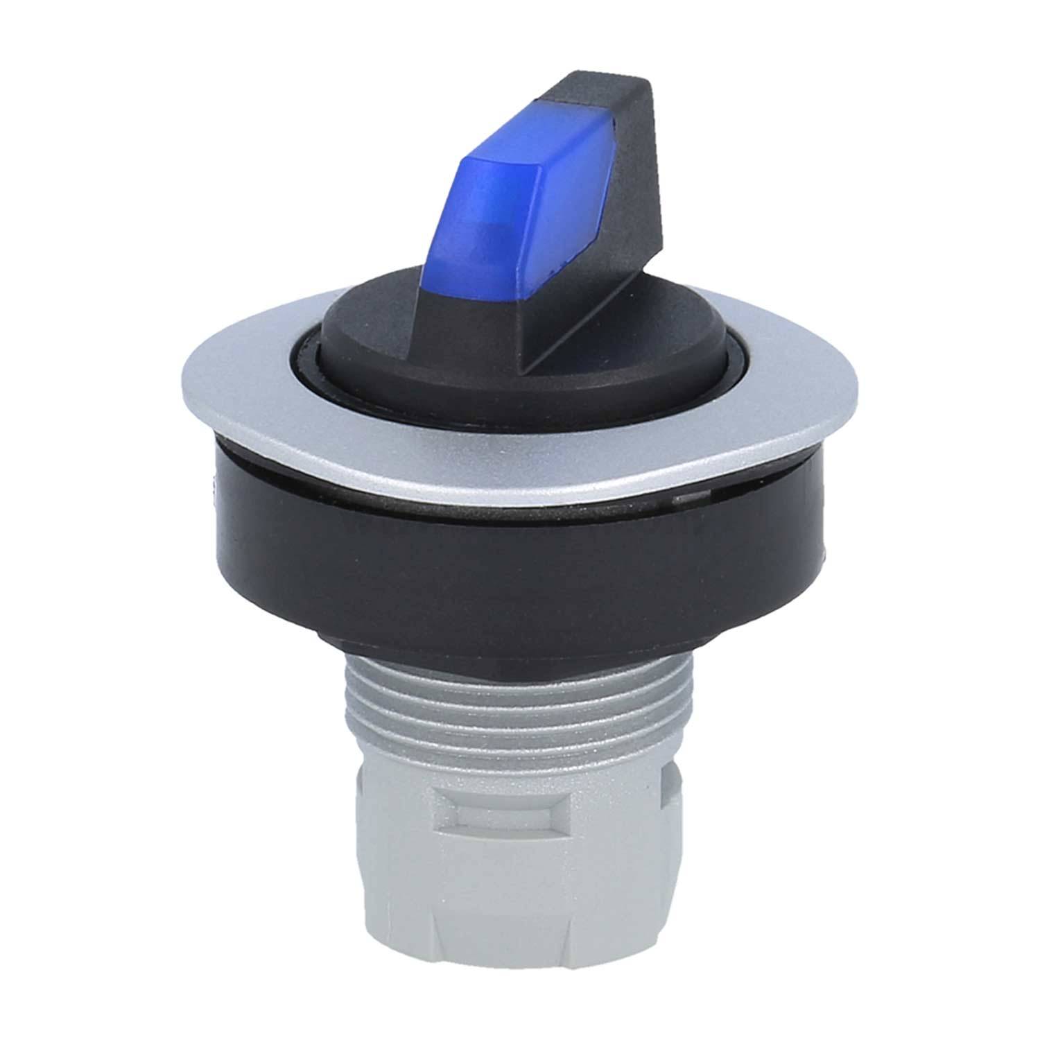 Ein Drucktaster mit einem blauen Hebel und runder Basis, konzipiert für Steuerungspanels und elektronische Anwendungen.