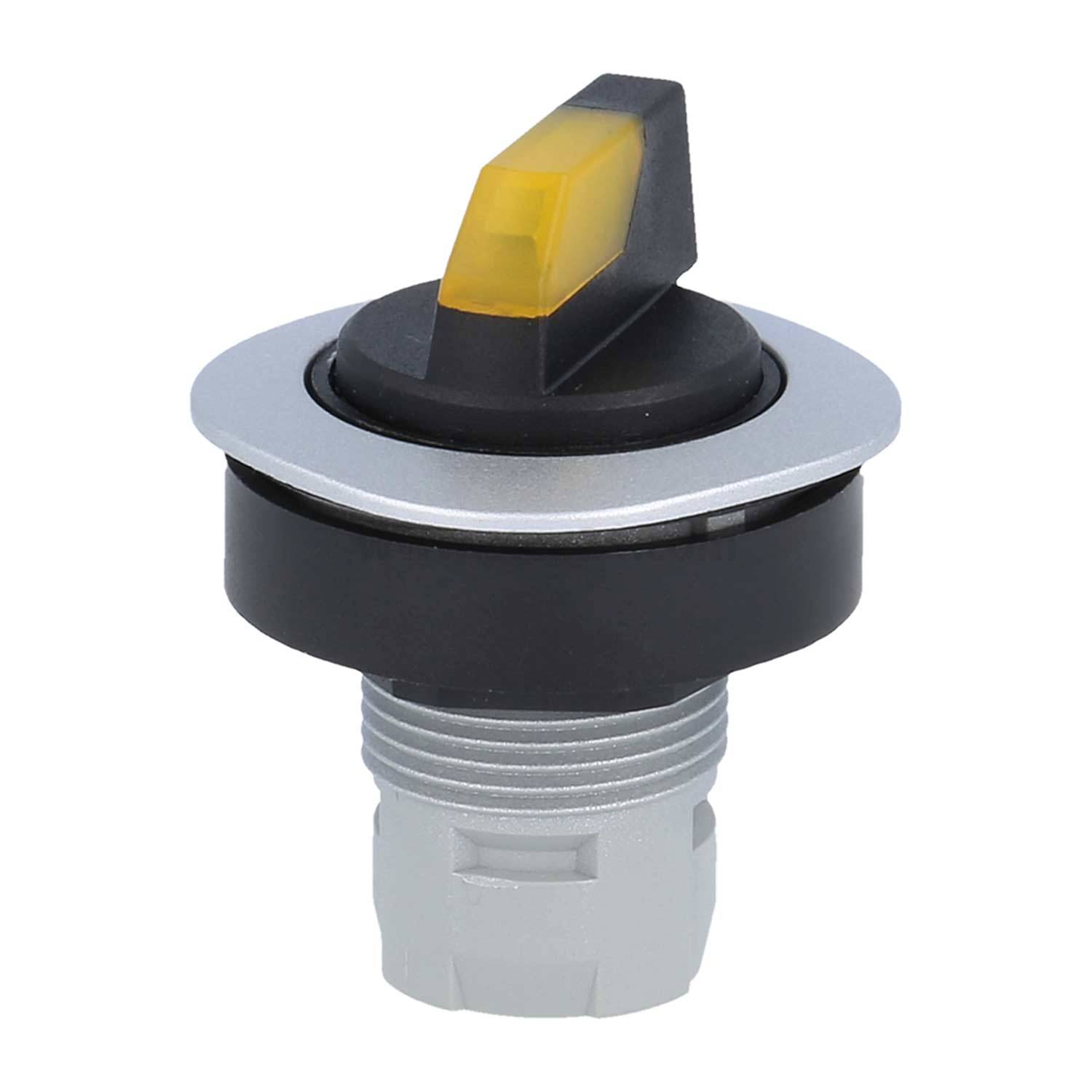 Drucktaster mit gelber Anzeigelampe, rundem Metallbündel und Gewindeloch zur Paneelmontage.